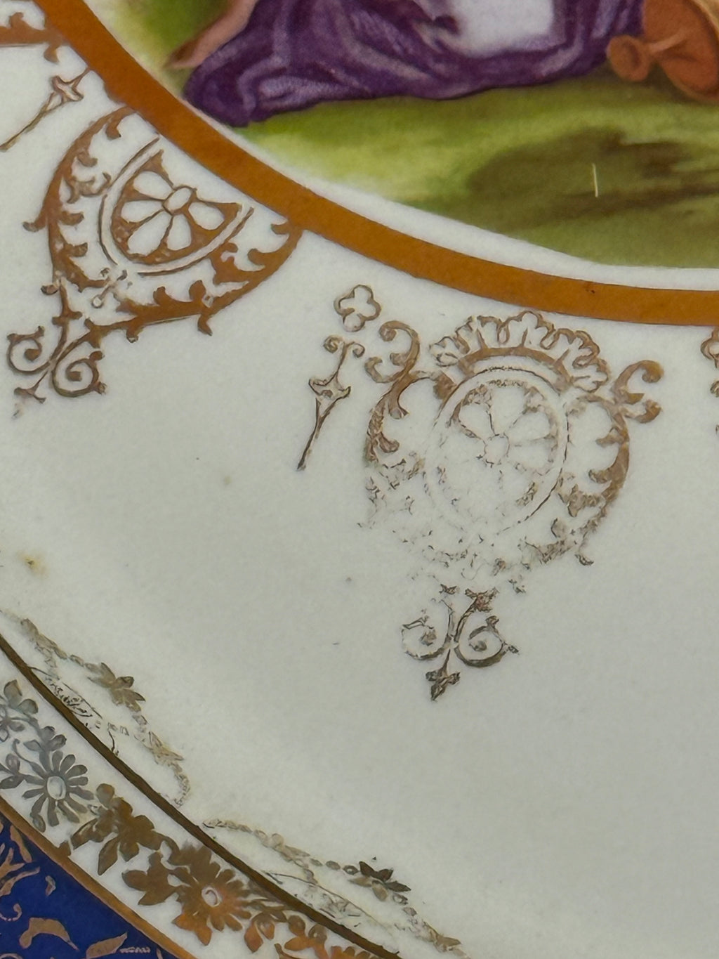 1960s Large Ornately Carved Gilt Framed 22kt Gold Classical Porcelain Plaque, Atlas International