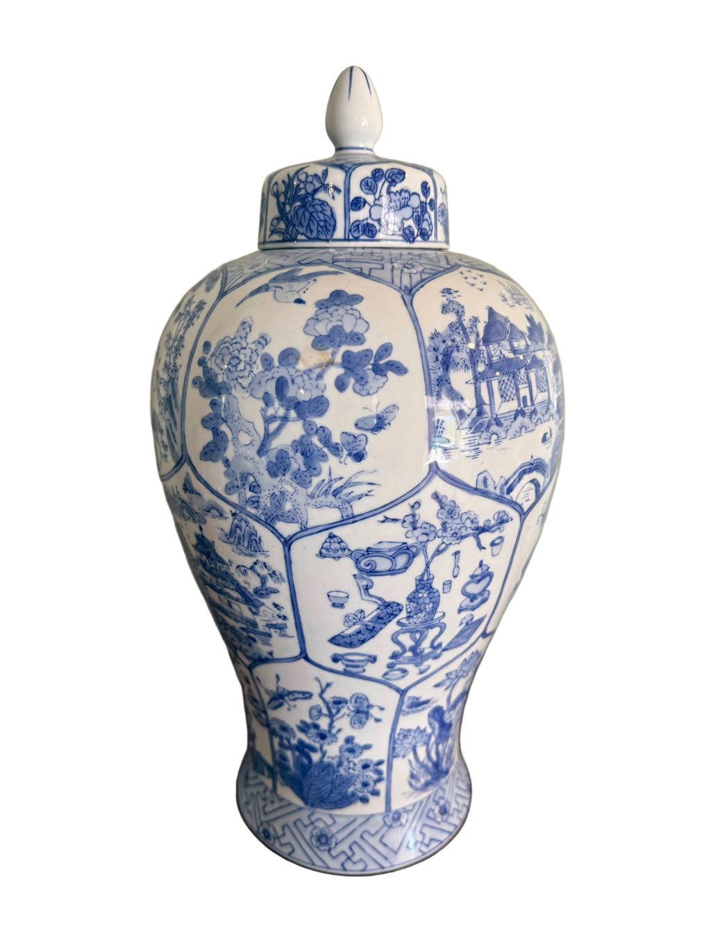 Large Vintage Baluster Form Blue and White Honeycomb Chinoiserie Vase With Fitted Lid