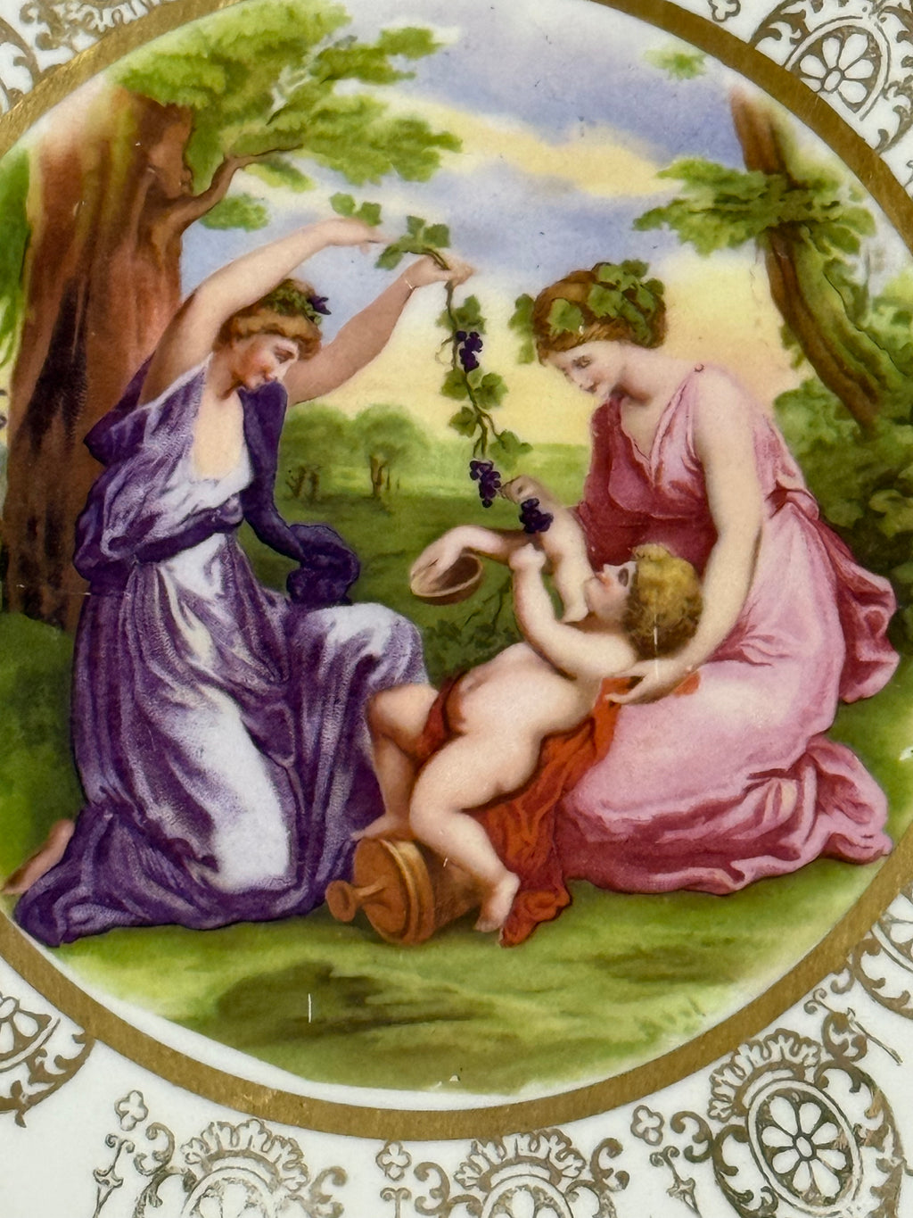 1960s Large Ornately Carved Gilt Framed 22kt Gold Classical Porcelain Plaque, Atlas International