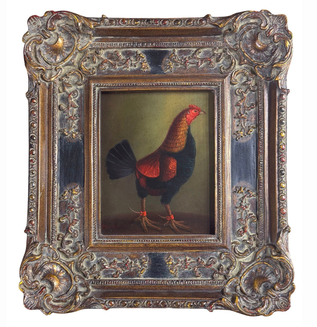 Mid 20th Century Old Master–Style Rooster Portrait Oil Painting, Ornately Framed, Signed Evans