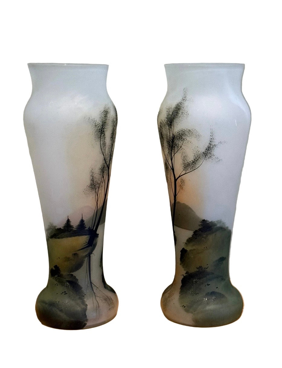 Pair of Early 20th Century Frosted Glass Vases With Hand-Painted Landscapes