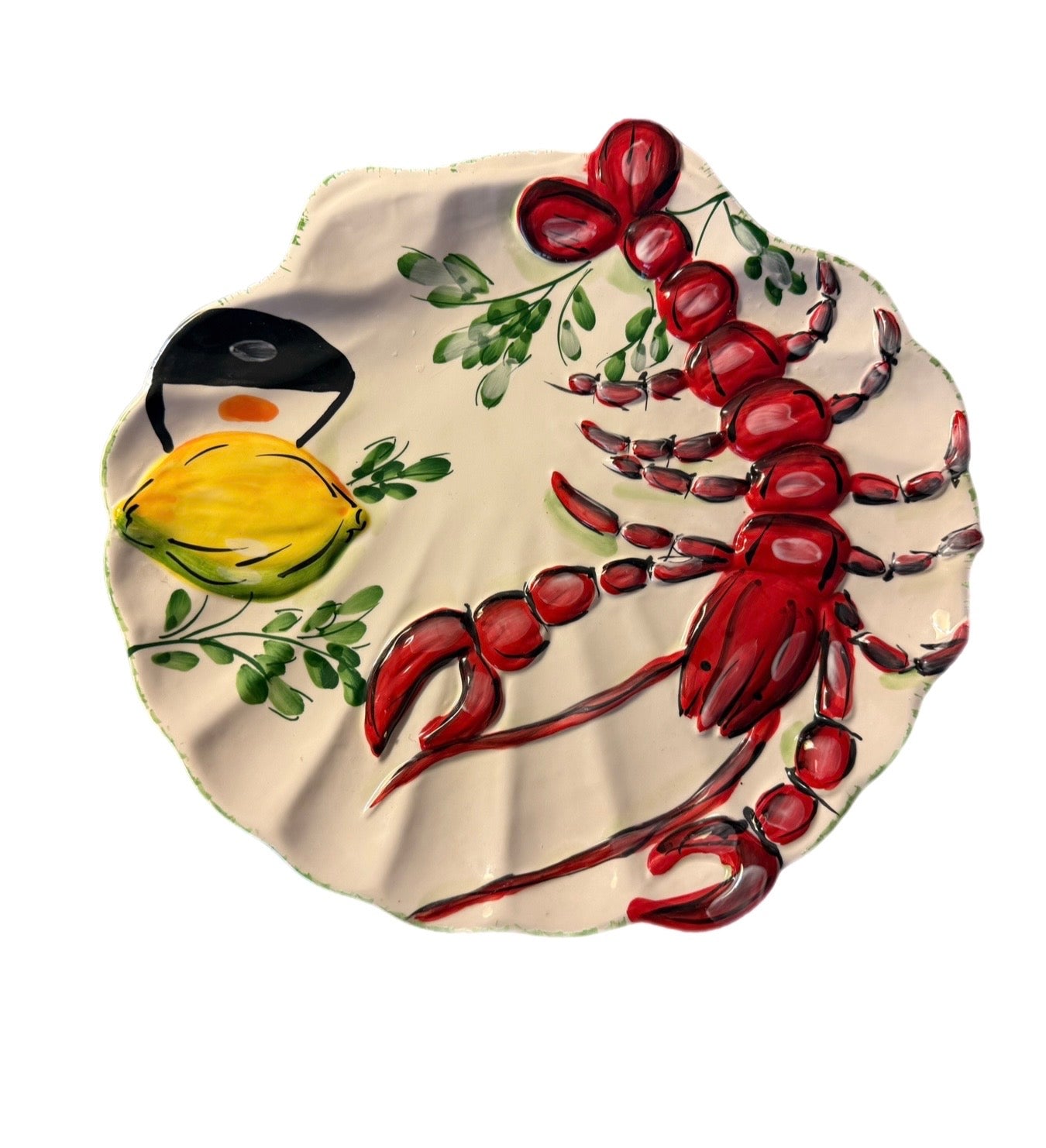 Late 20th Century Hand-Painted Raised Lobster & Lemon Ceramic Platter