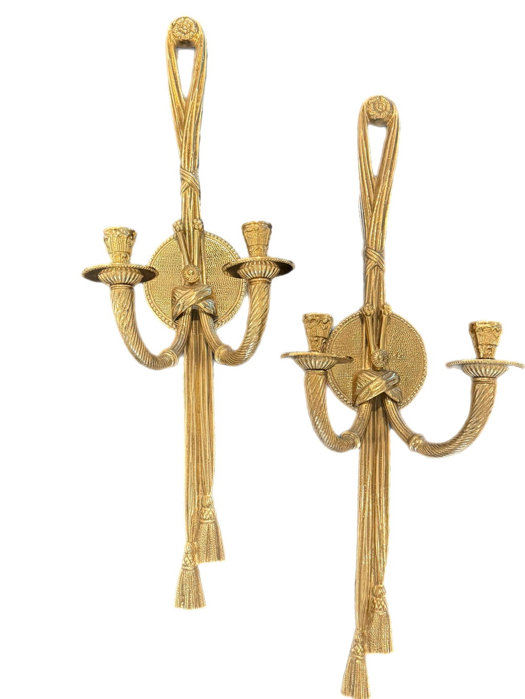 Mid 20th Century Grand Pair of Hollywood Regency Brass Tassel Wall Sconces