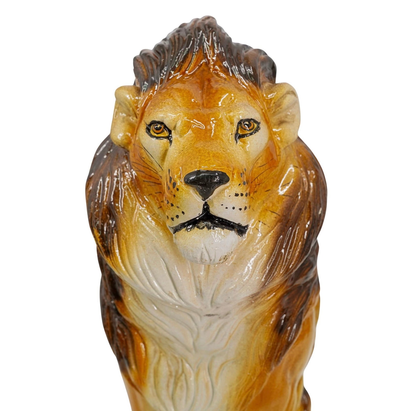 Mid 20th Century Italian Majolica Pottery Guardian Lion Statue