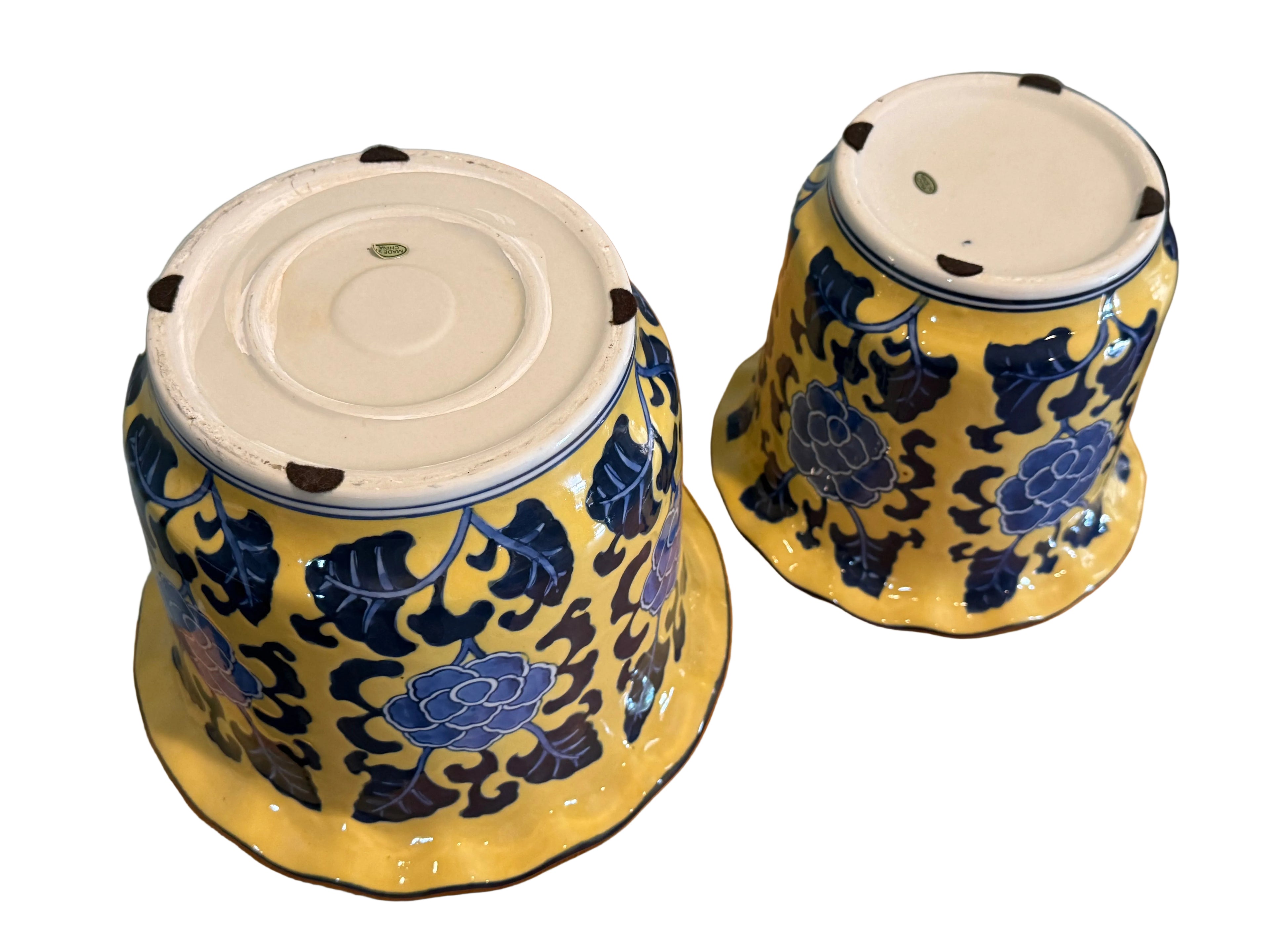 Late 20th Century Matching Pair of Yellow and Blue Chinoiserie Cachepot / Planters
