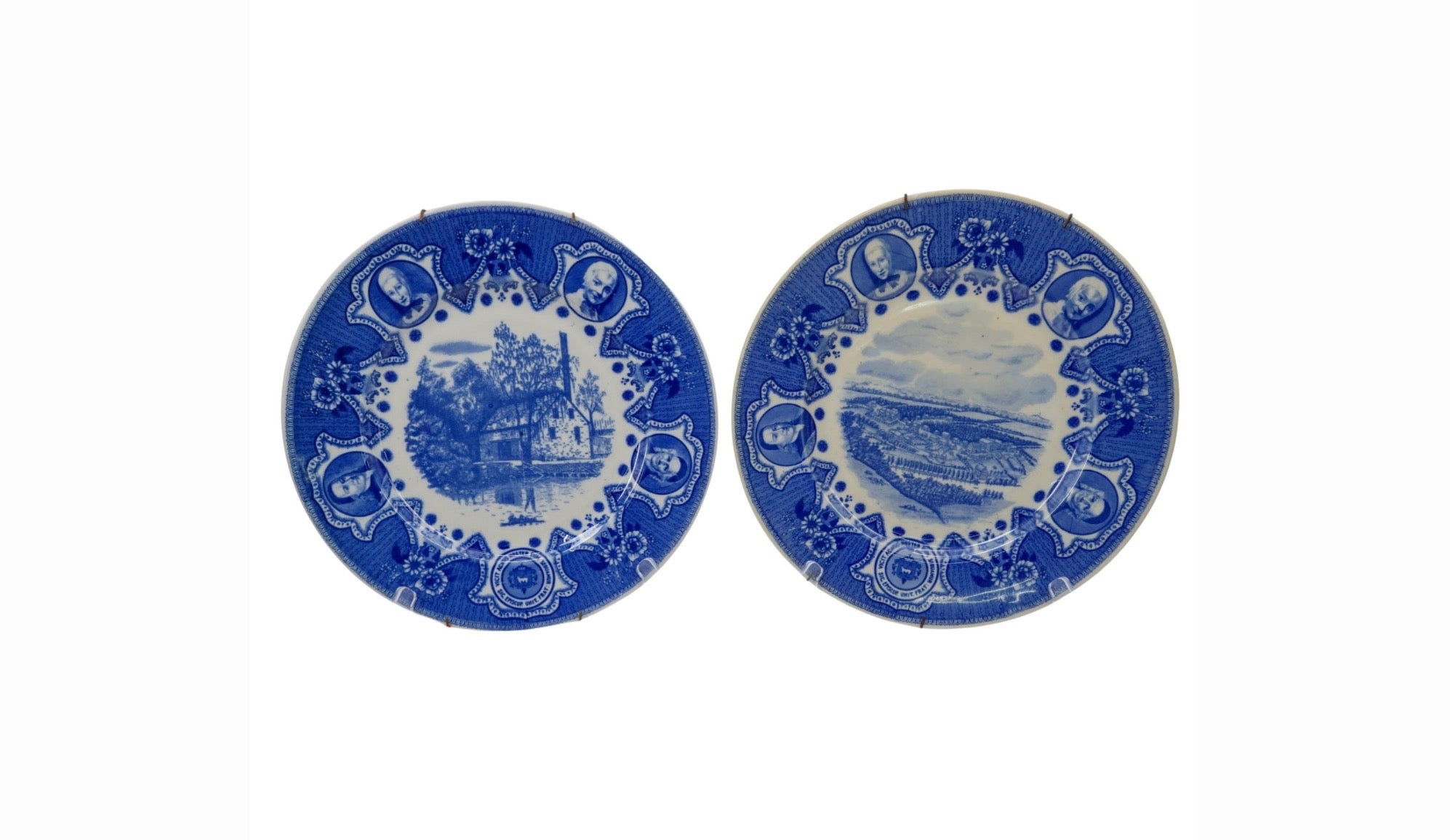 Vintage Lamberton Scammell Moravian Blue Transferware Historical Commemorative Plates