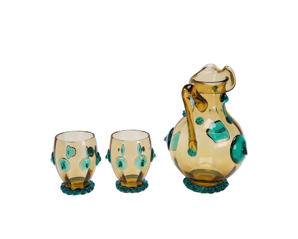 Early 20th Century Amber and Teal Blown Glass Pitcher With 2 Matching Tumblers