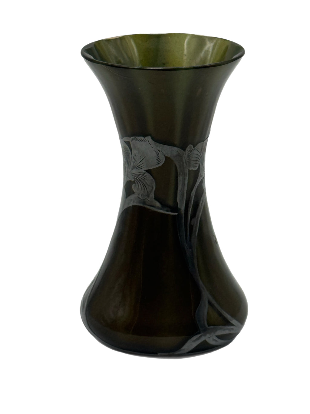 Early 20th Century Art Nouveau Green Glass Vase With Silver Floral Overlay