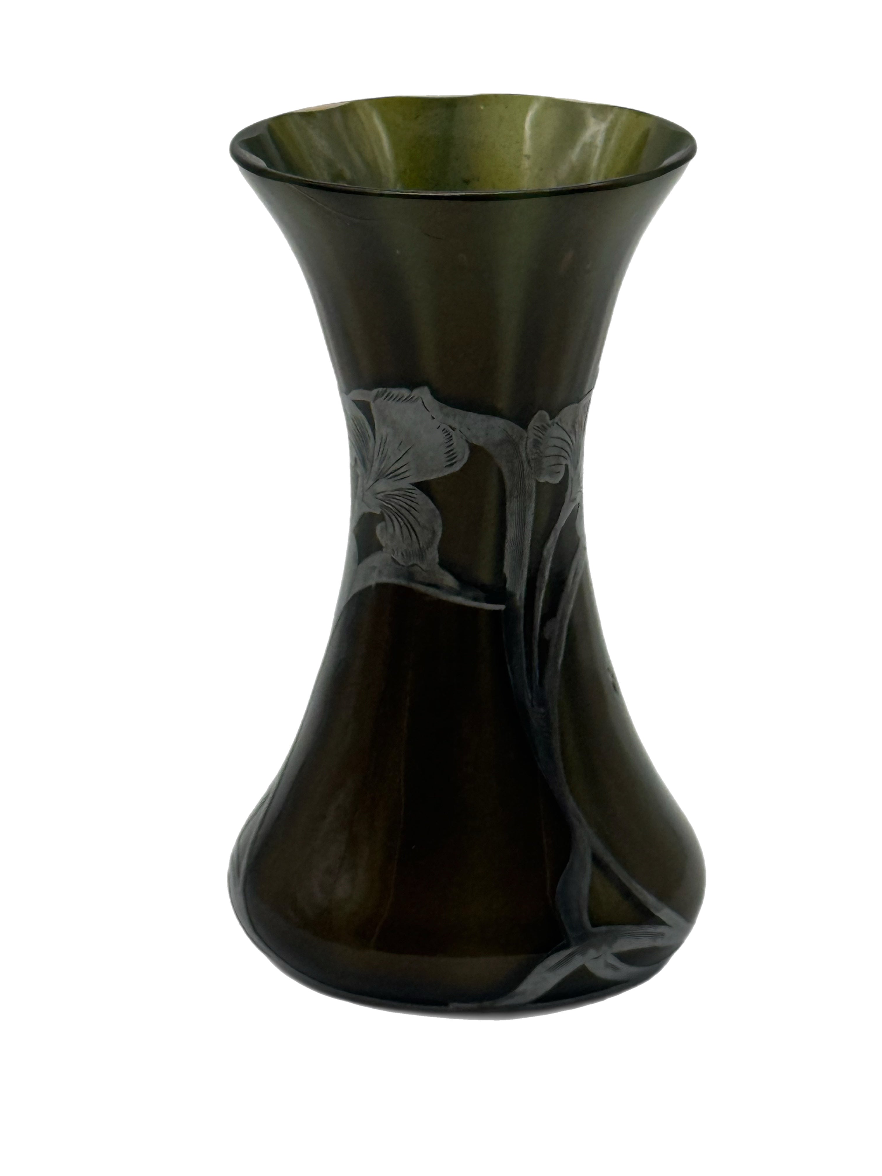 Early 20th Century Art Nouveau Green Glass Vase With Silver Floral Overlay
