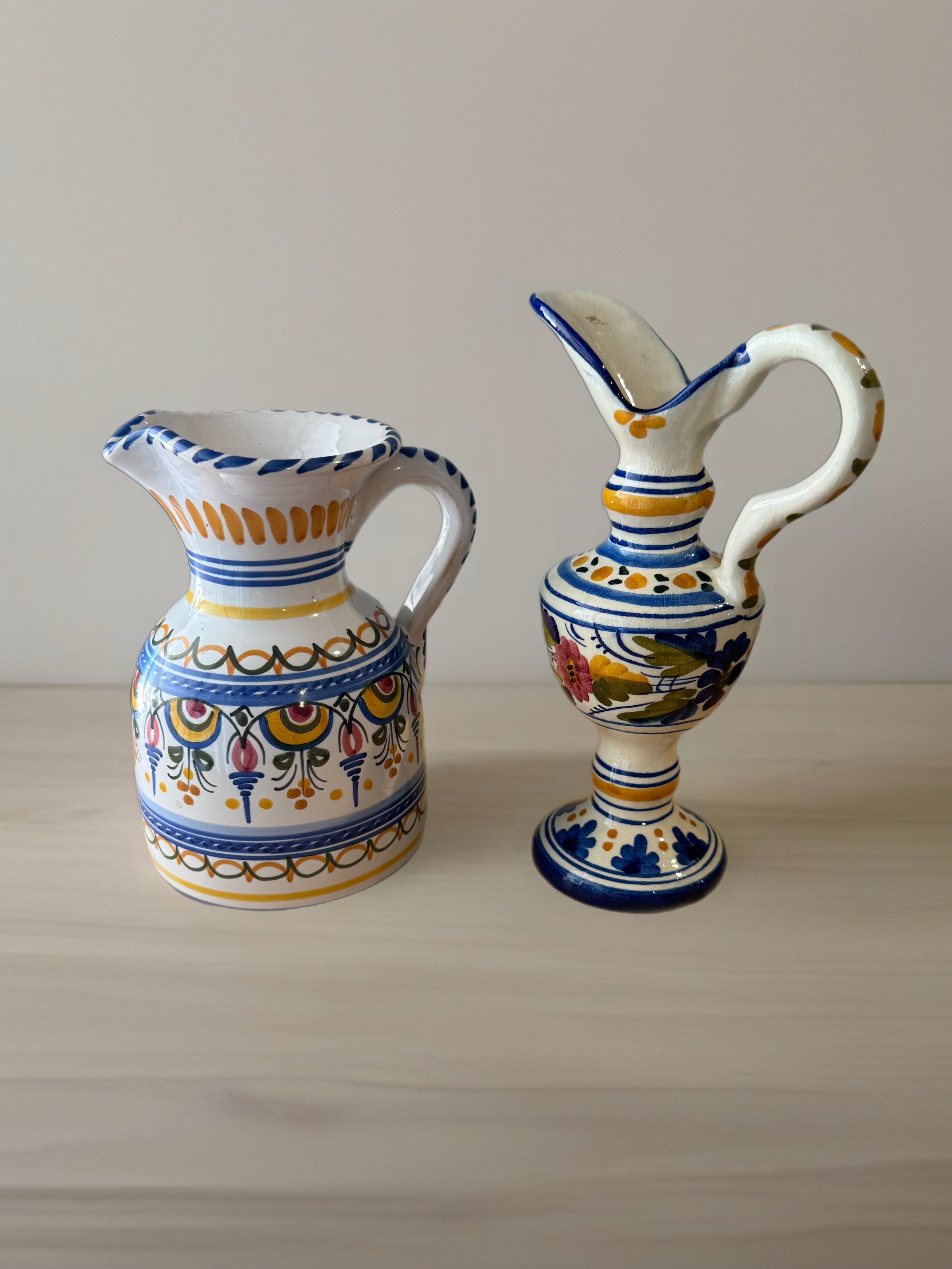 Late 20th Century Spanish Ceramic Ewers Hand-Painted Signed De La Cal Puente - a Pair