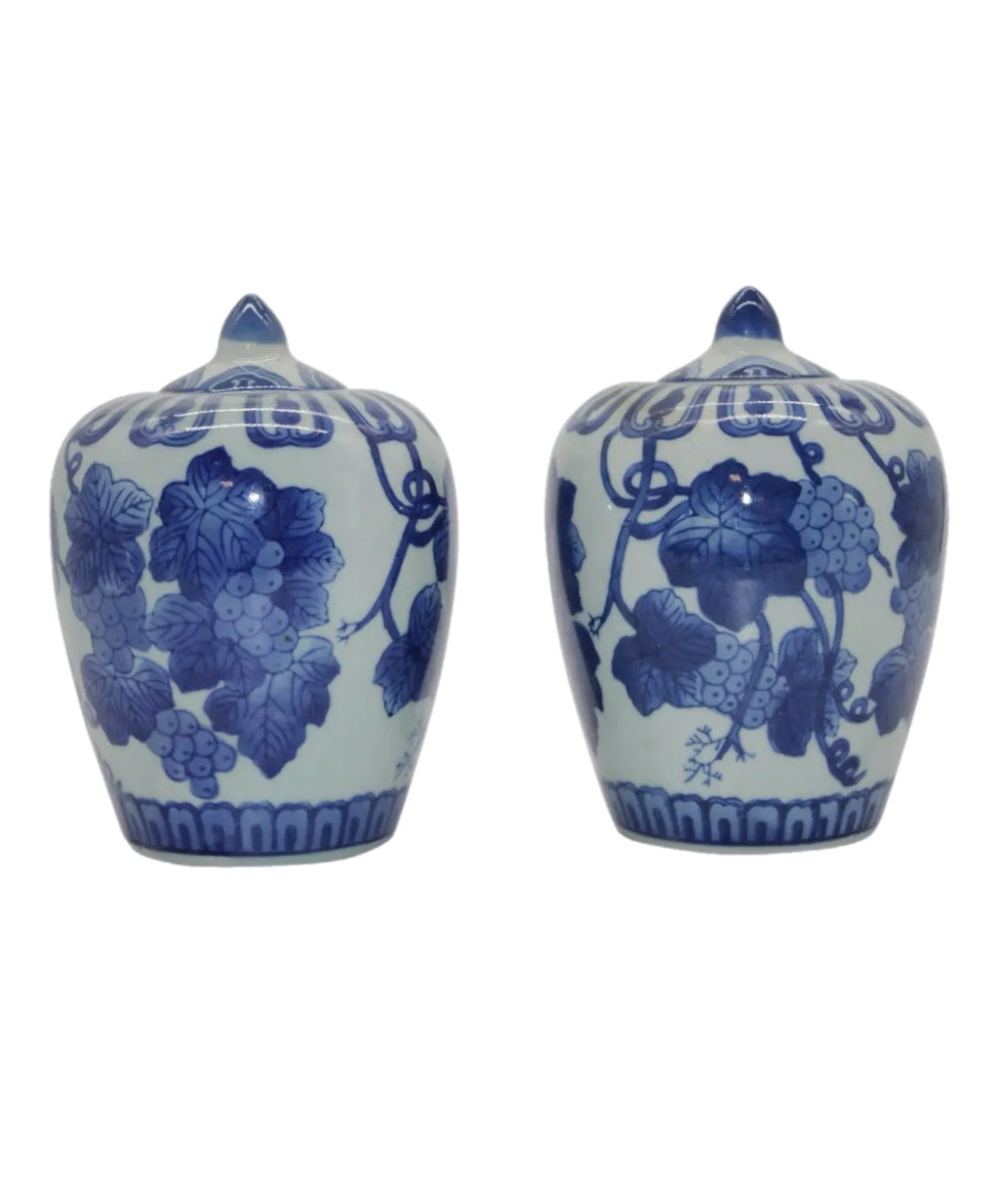 Pair of Vintage Chinese Qing Dynasty Blue and White Grape Leaf Motif Jars