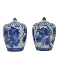 Pair of Vintage Chinese Qing Dynasty Blue and White Grape Leaf Motif Jars
