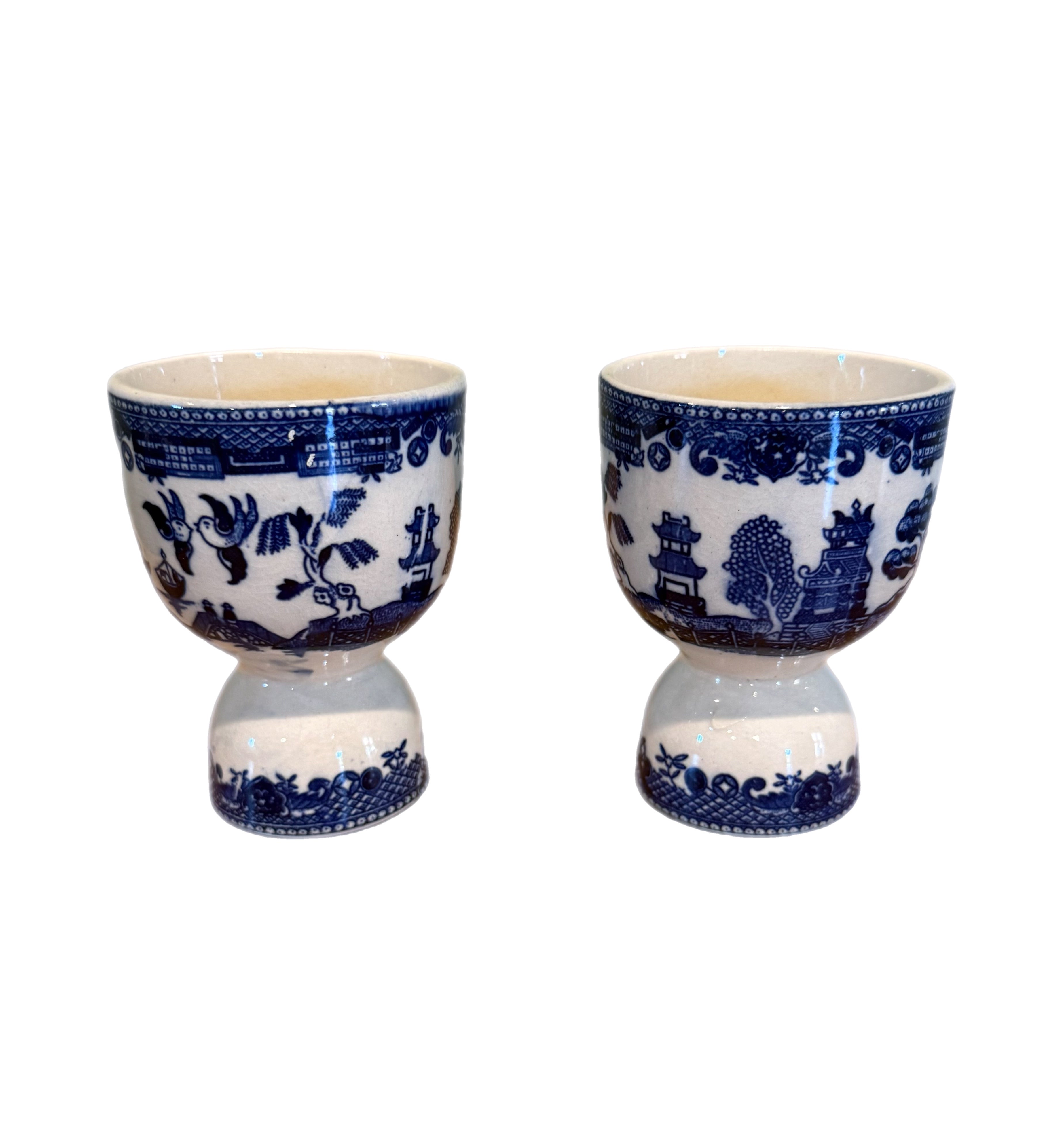 Vintage Blue Willow Chinoiserie Double Egg Cups - a Pair