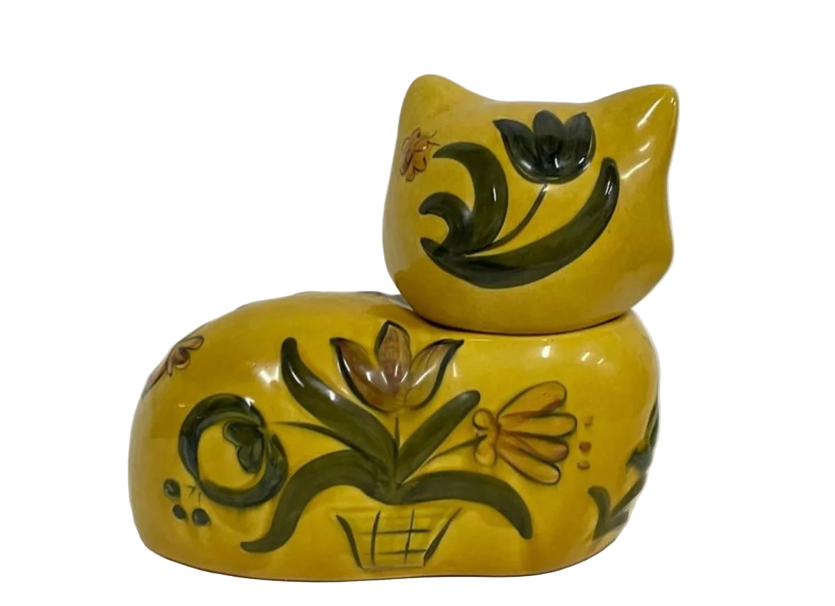 Vintage 1960s Yellow Calico Cat Ceramic Cookie Jar