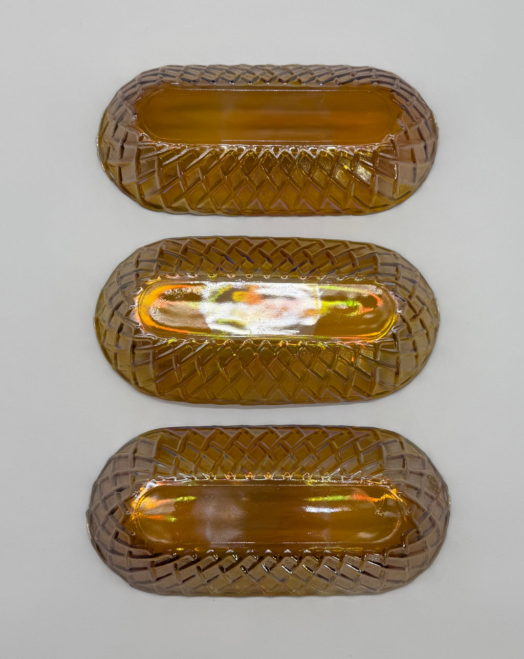 Mid 20th Century American Pressed Amber Carnival Glass Celery Dish - Set of 3