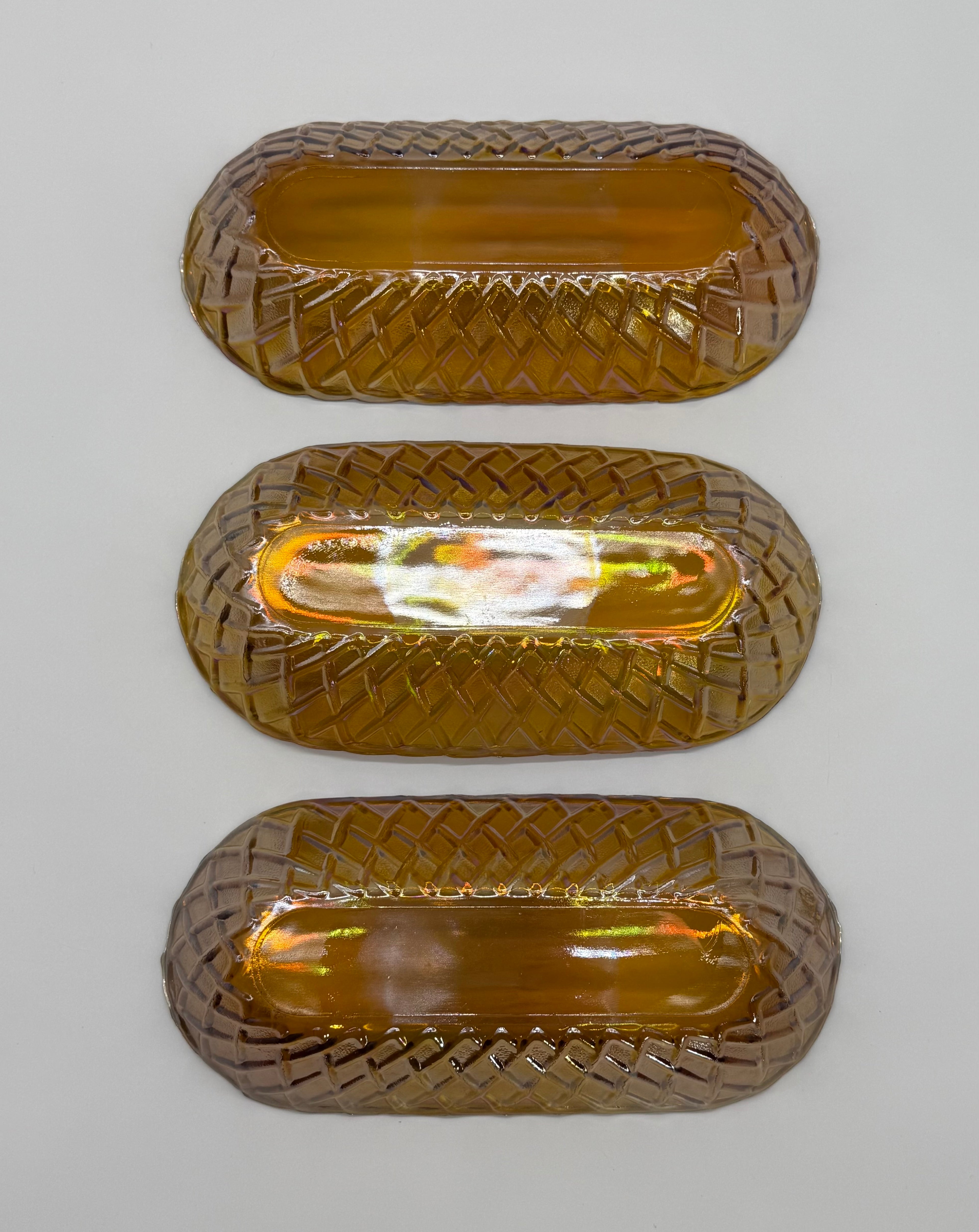 Mid 20th Century American Pressed Amber Carnival Glass Celery Dish - Set of 3