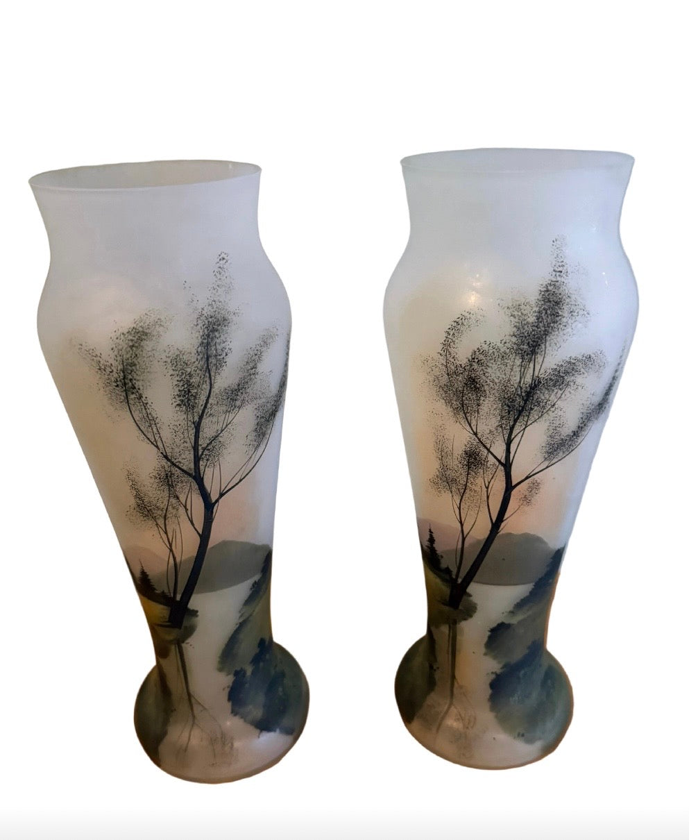 Pair of Early 20th Century Frosted Glass Vases With Hand-Painted Landscapes