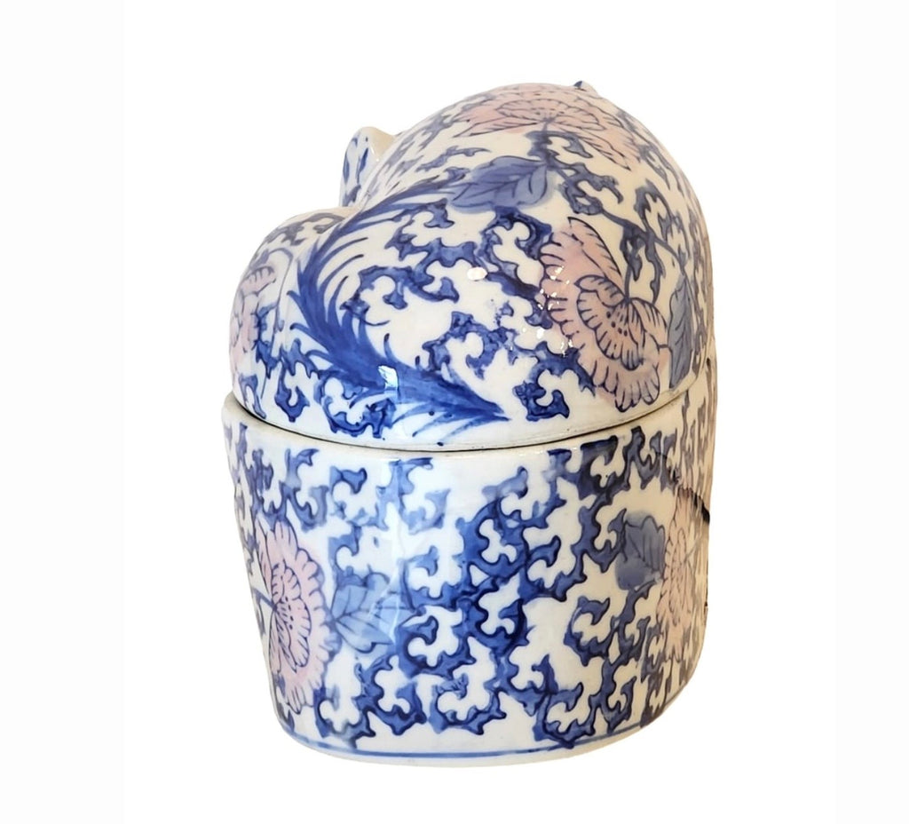 Vintage Chinese Porcelain Cat-Shaped Box With Scrolling Floral Design