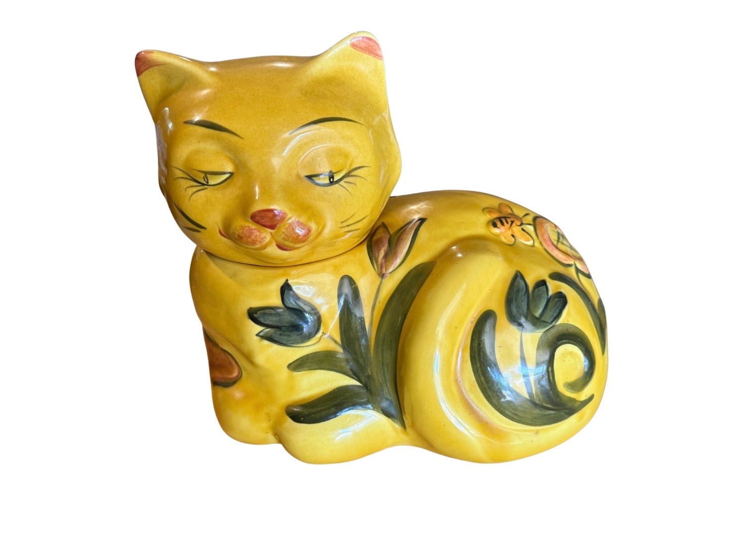 Vintage 1960s Yellow Calico Cat Ceramic Cookie Jar
