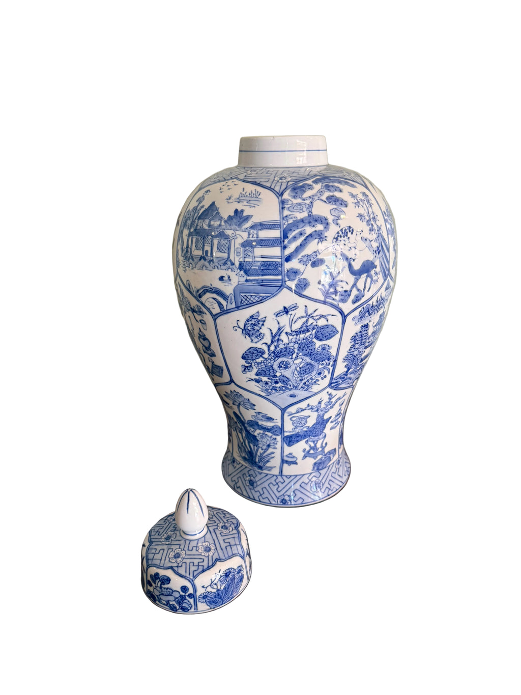 Large Vintage Baluster Form Blue and White Honeycomb Chinoiserie Vase With Fitted Lid