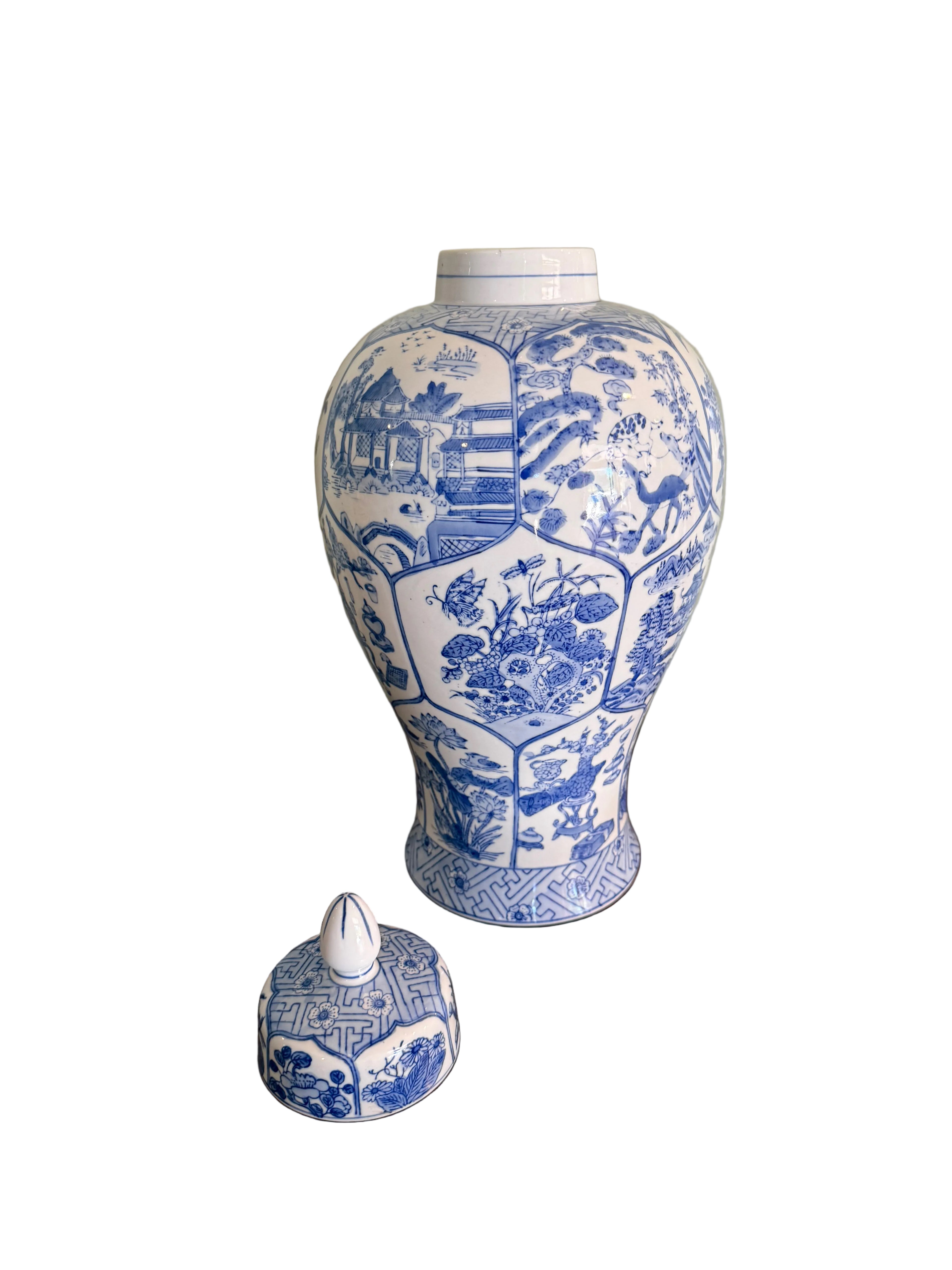 Large Vintage Baluster Form Blue and White Honeycomb Chinoiserie Vase With Fitted Lid