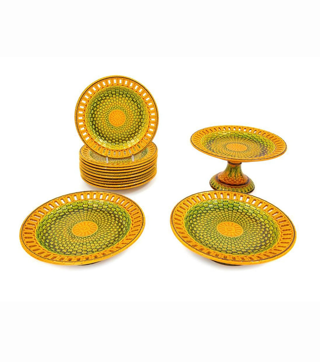 Antique 19th Century English Majolica Basketweave Dessert Service by Wittman & Roth, London (13 pcs)