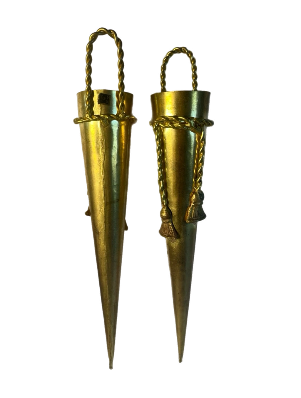 Late 20th Century Pair of Hollywood Regency Style Indian Brass Posey Wall Vases With Tassel Detail