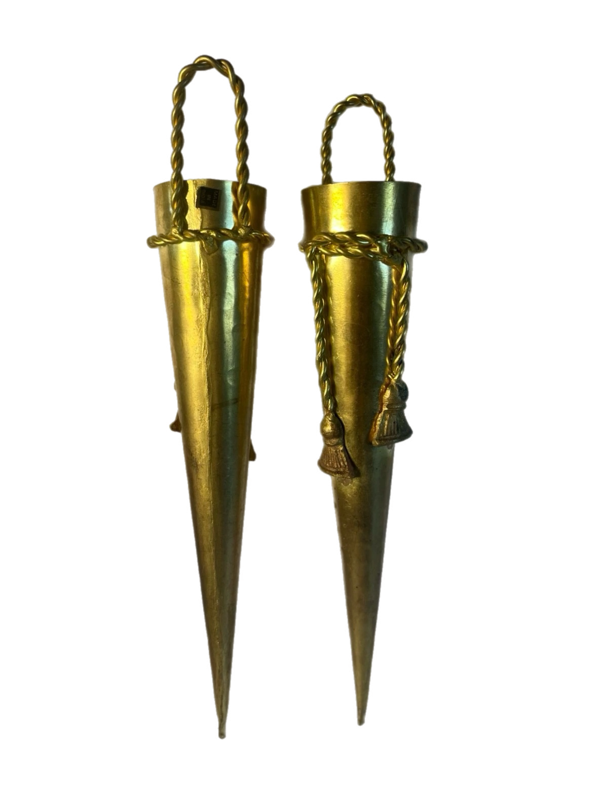 Late 20th Century Pair of Hollywood Regency Style Indian Brass Posey Wall Vases With Tassel Detail