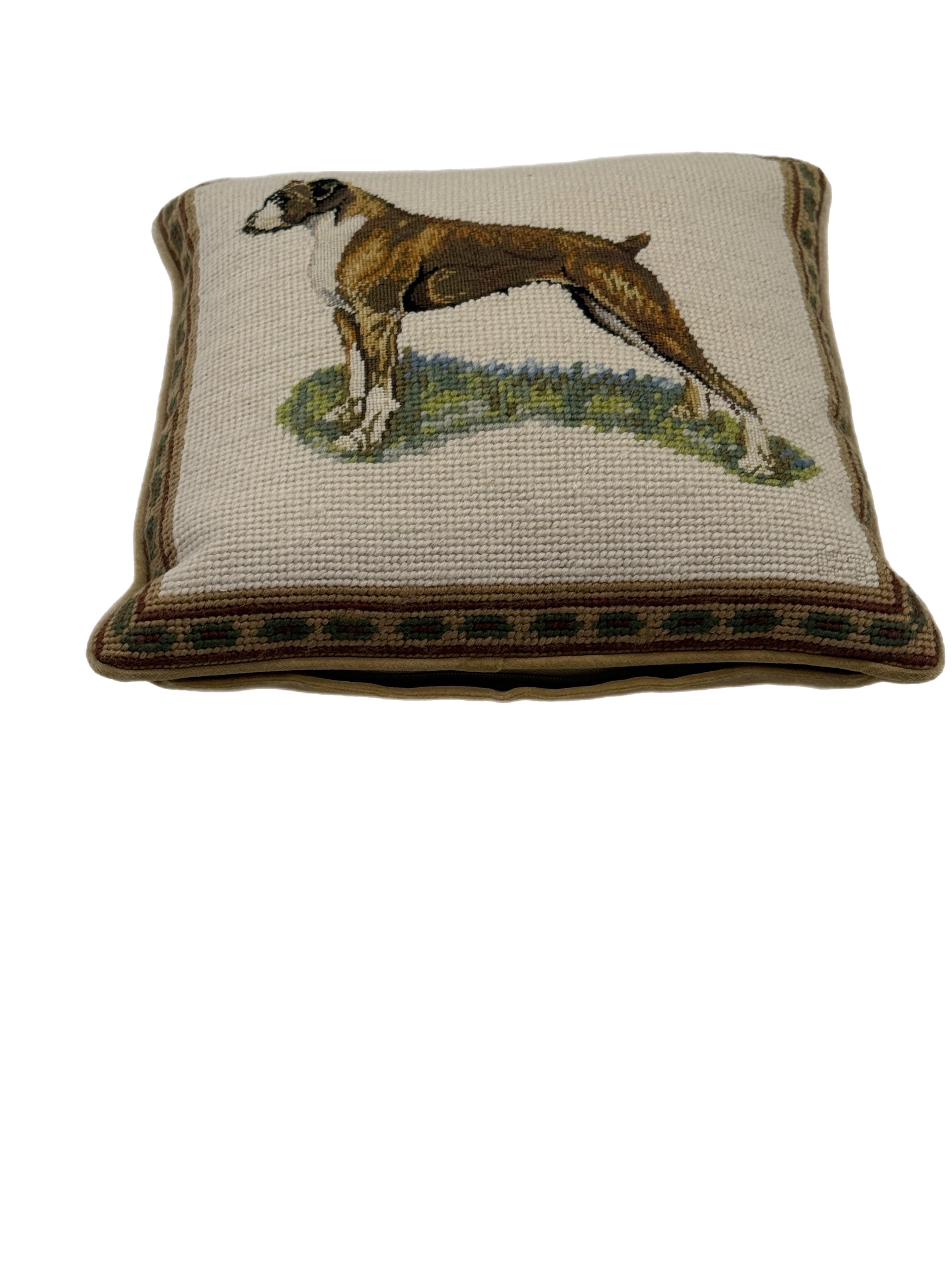 Vintage Decorative Needlepoint Boxer Pillow With Down Insert