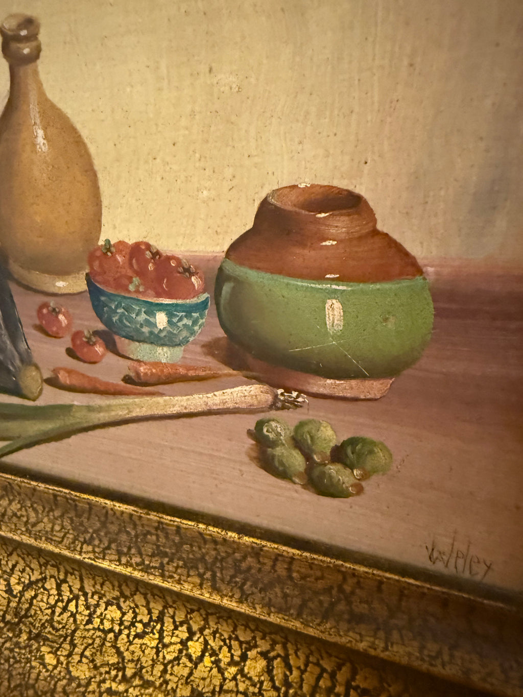 Mid 20th Century Petite European Still Life Oil in Deep Crackle Gilt Frame, Signed v. Weley