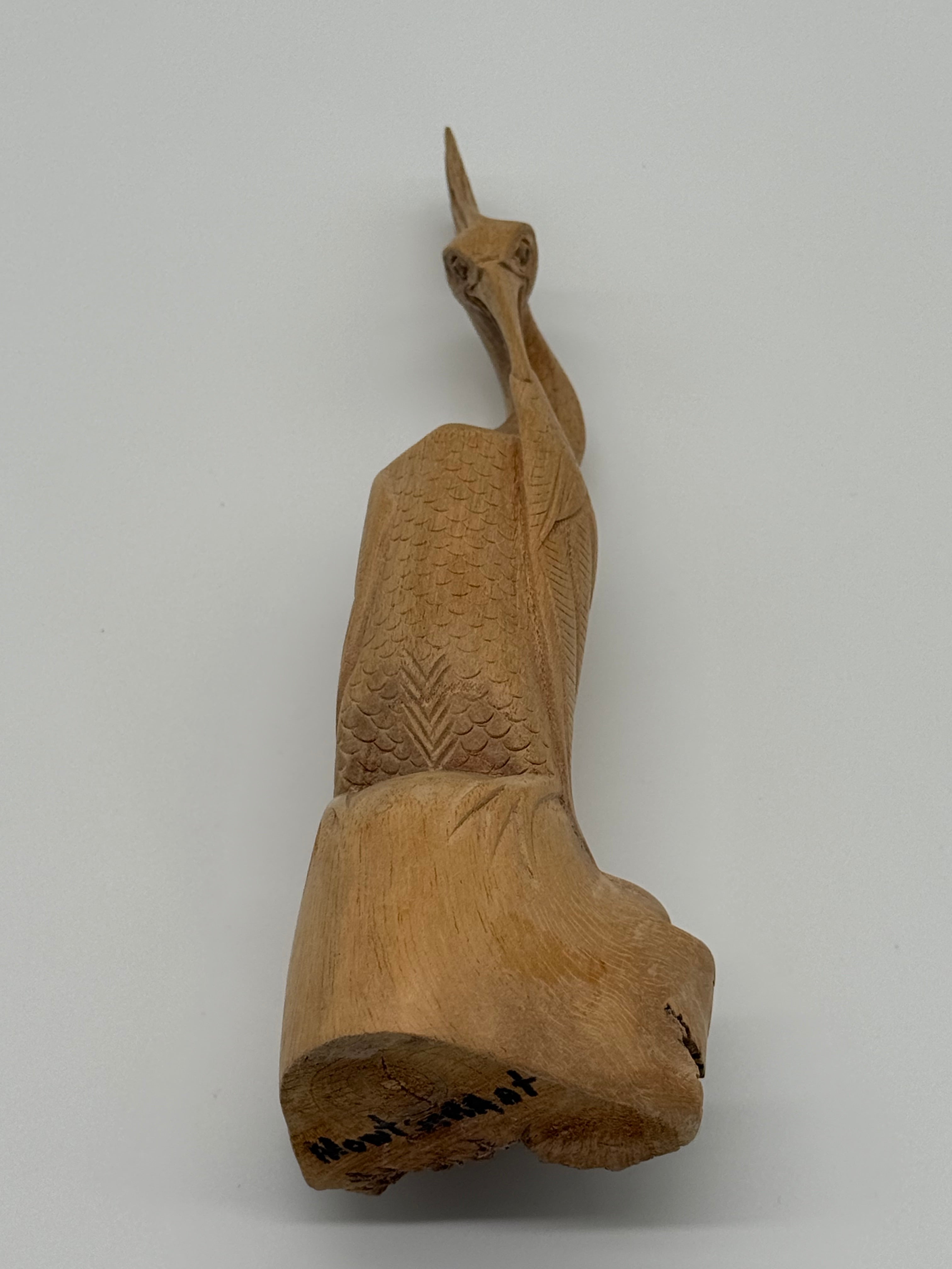 Late 20th Century Signed Montserrat Hand-Carved Wooden Crane Sculpture, 8.5”