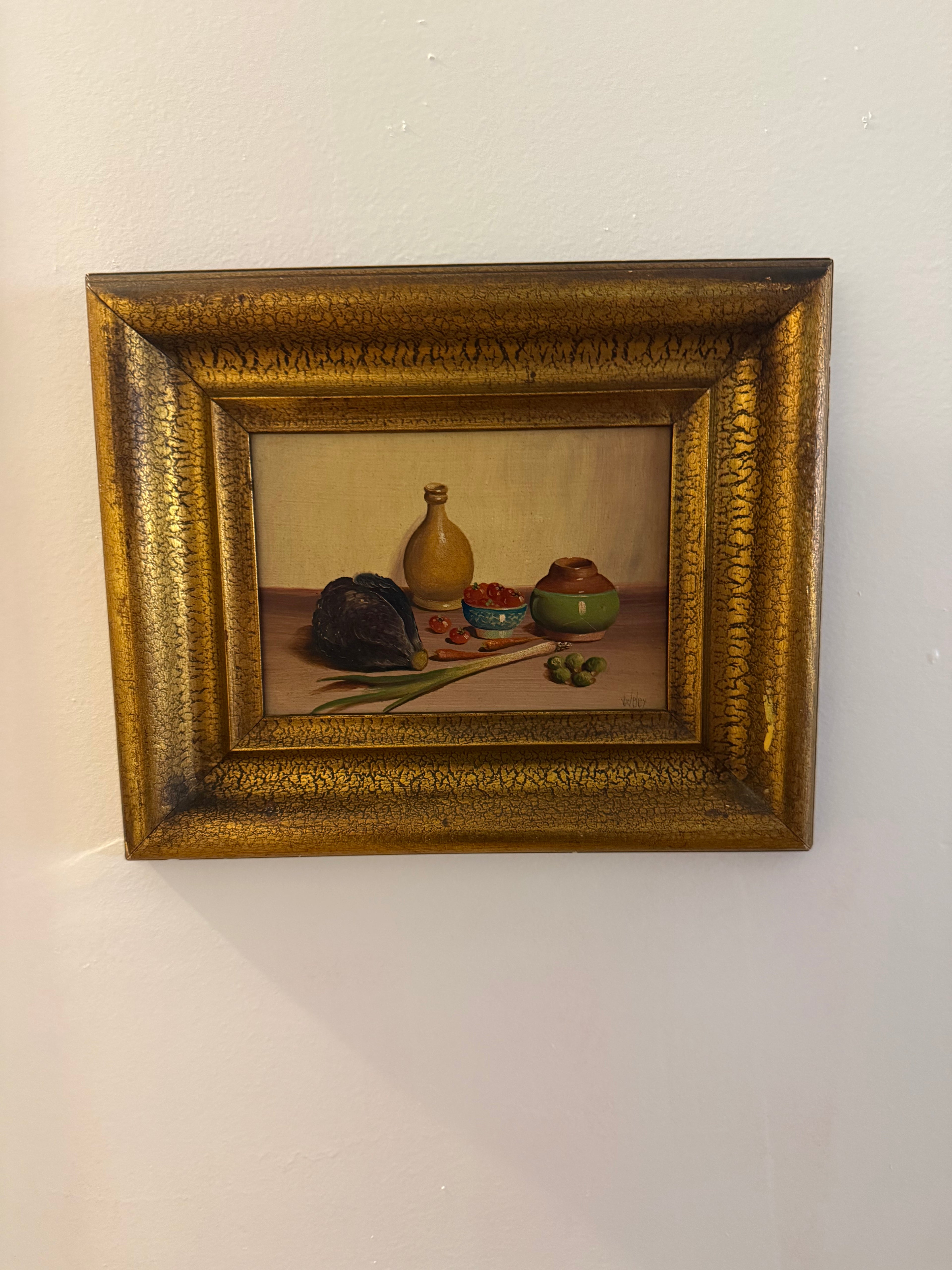 Mid 20th Century Petite European Still Life Oil in Deep Crackle Gilt Frame, Signed v. Weley
