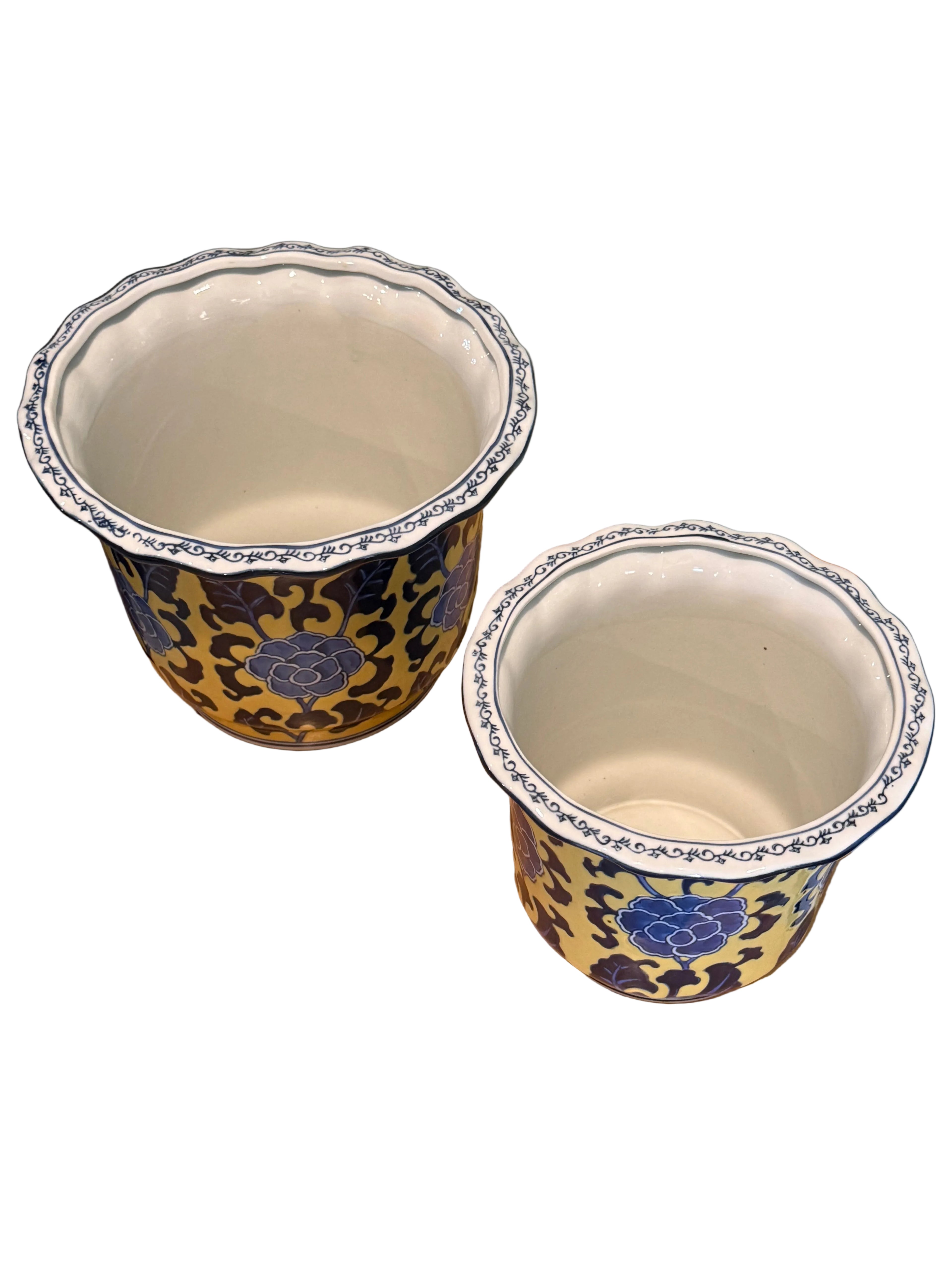 Late 20th Century Matching Pair of Yellow and Blue Chinoiserie Cachepot / Planters