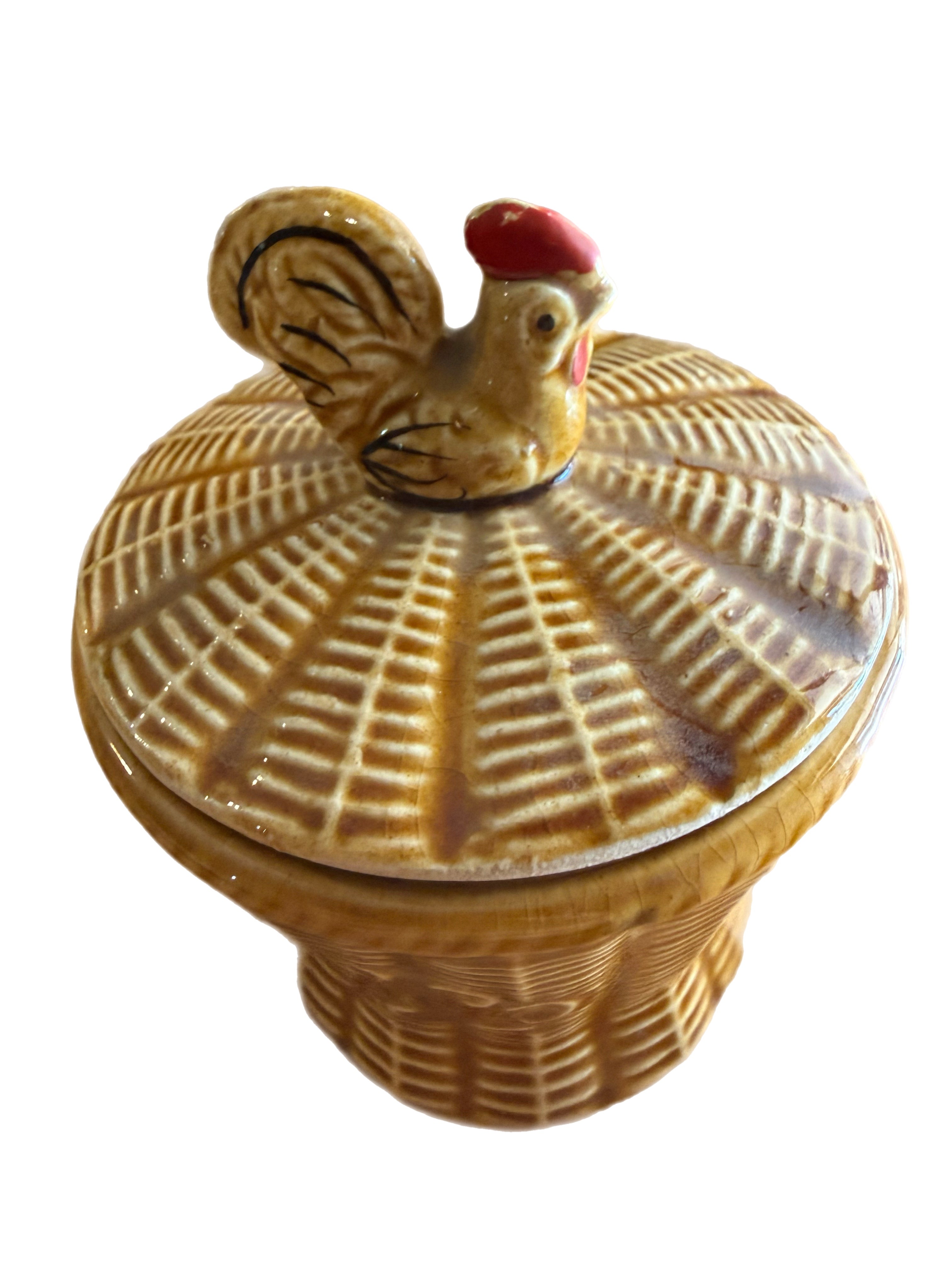 Vintage Majolica Rooster Basketweave Breakfast Set, 4 Pieces