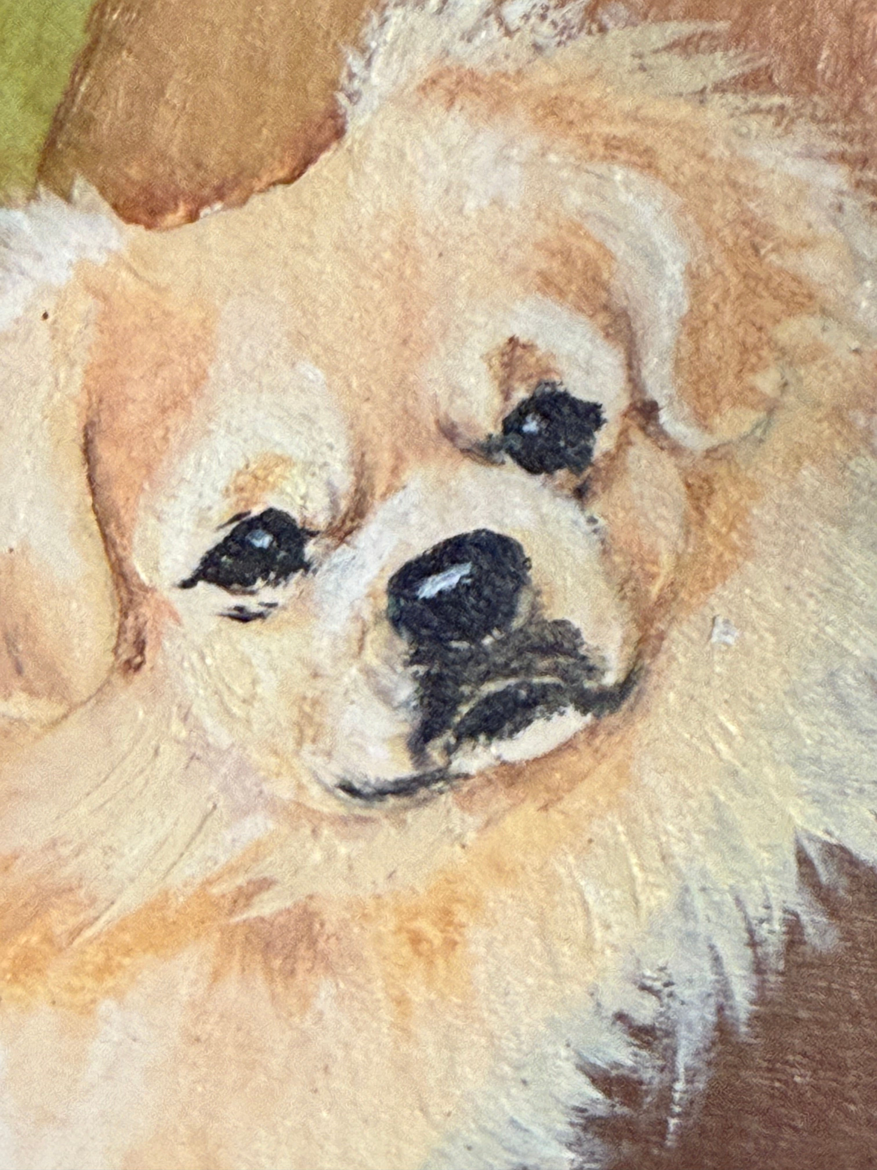 Late 20th Century Small Gold Framed Pekingese Dog Oil Painting, Signed