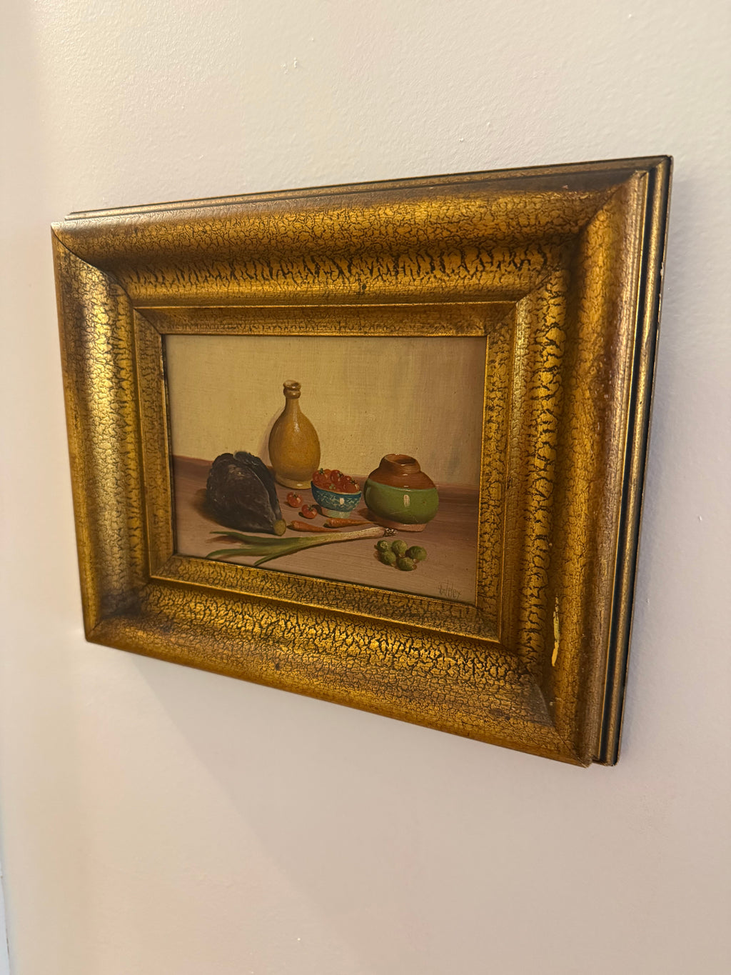 Mid 20th Century Petite European Still Life Oil in Deep Crackle Gilt Frame, Signed v. Weley
