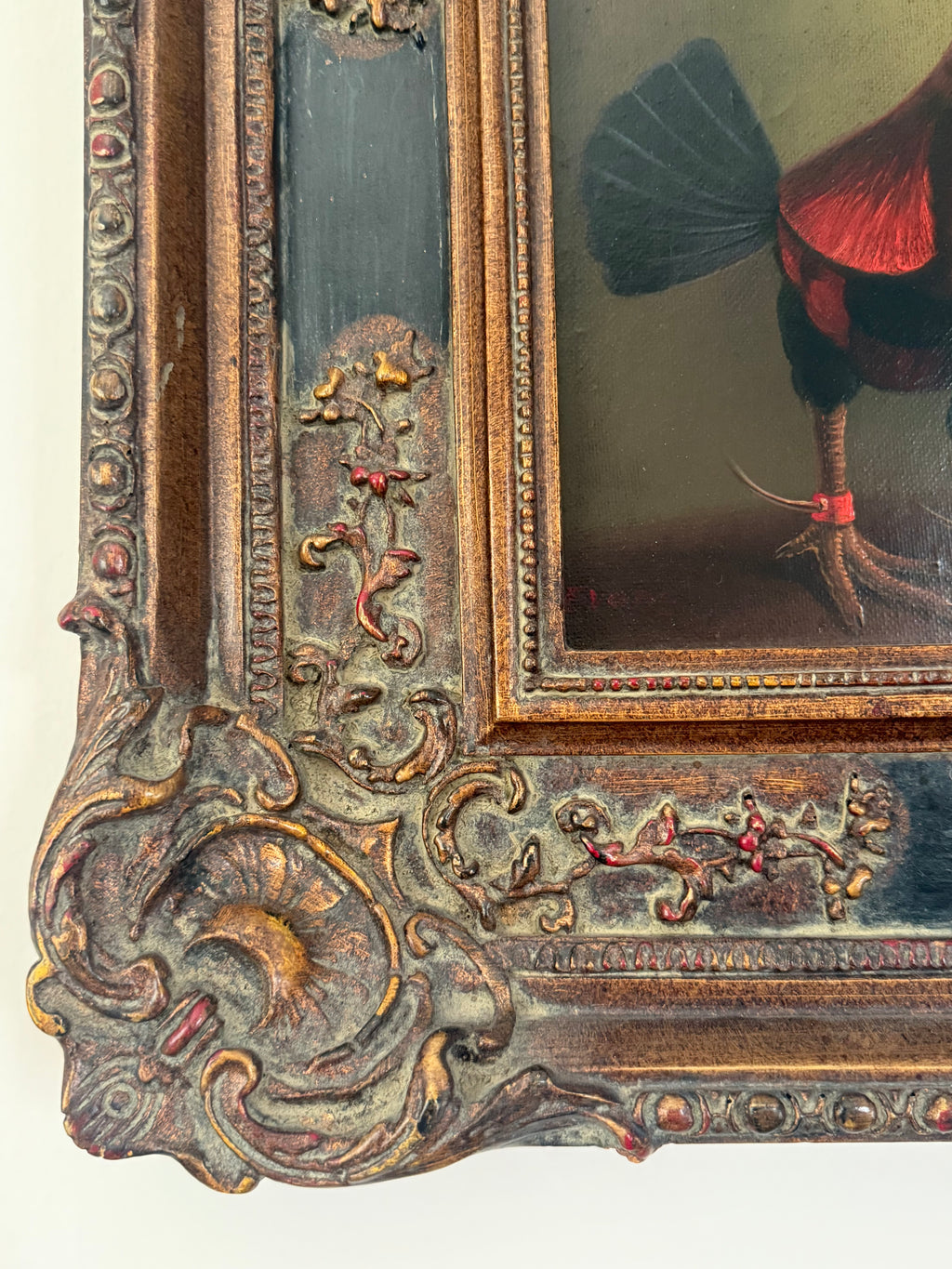Mid 20th Century Old Master–Style Rooster Portrait Oil Painting, Ornately Framed, Signed Evans