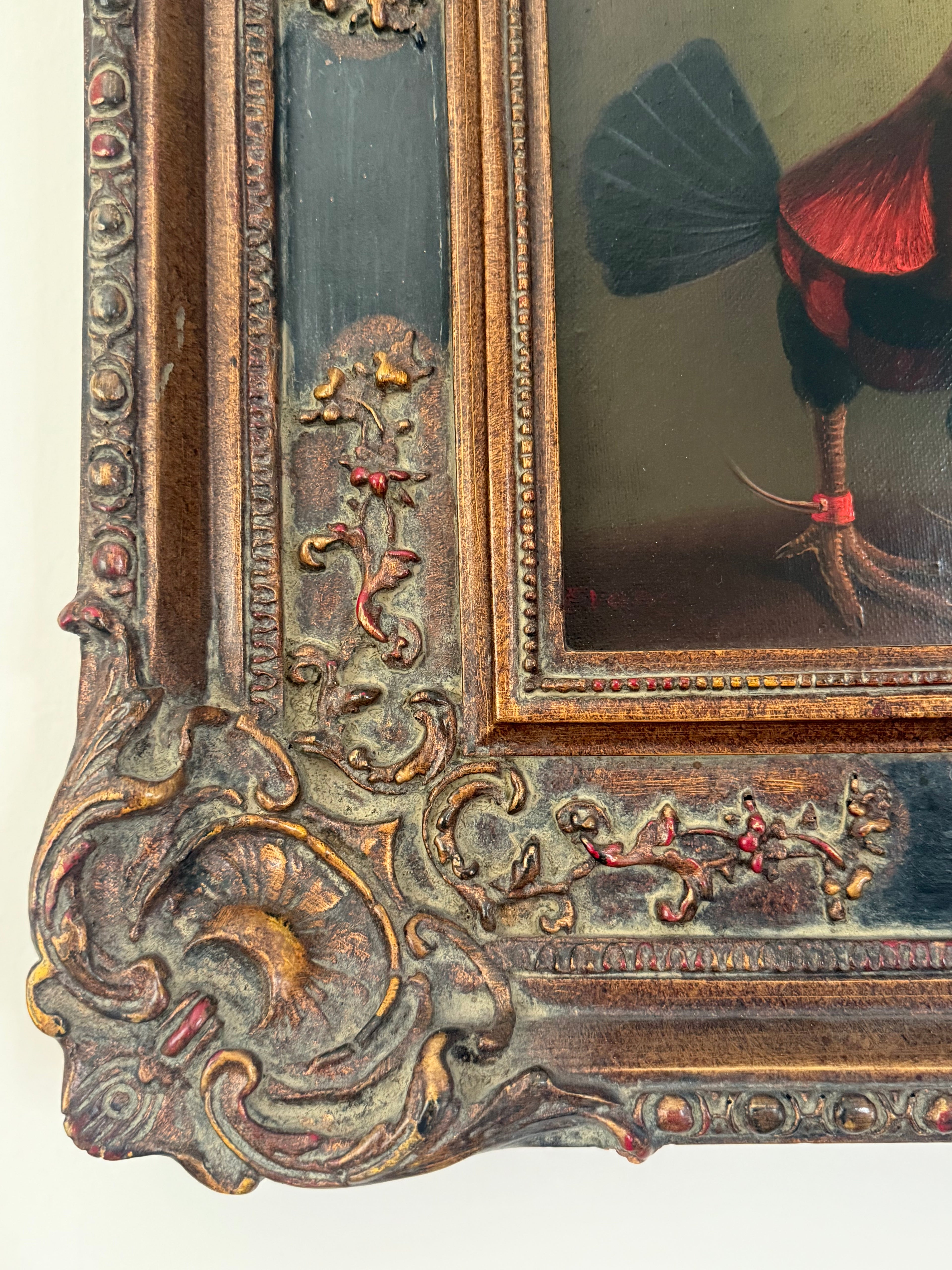 Mid 20th Century Old Master–Style Rooster Portrait Oil Painting, Ornately Framed, Signed Evans