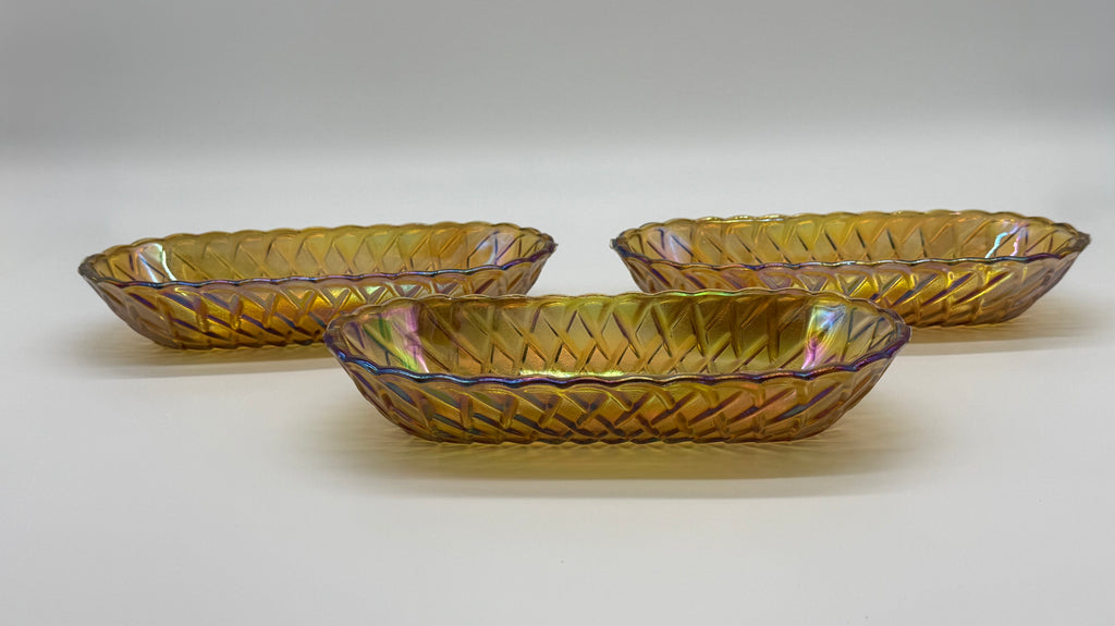 Mid 20th Century American Pressed Amber Carnival Glass Celery Dish - Set of 3