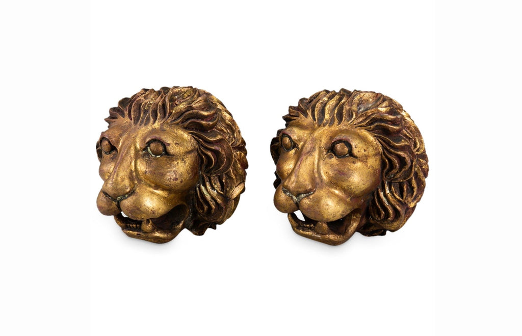 Pair of Vintage Gilt Lion Head Sculptures, Italian Neoclassical Style