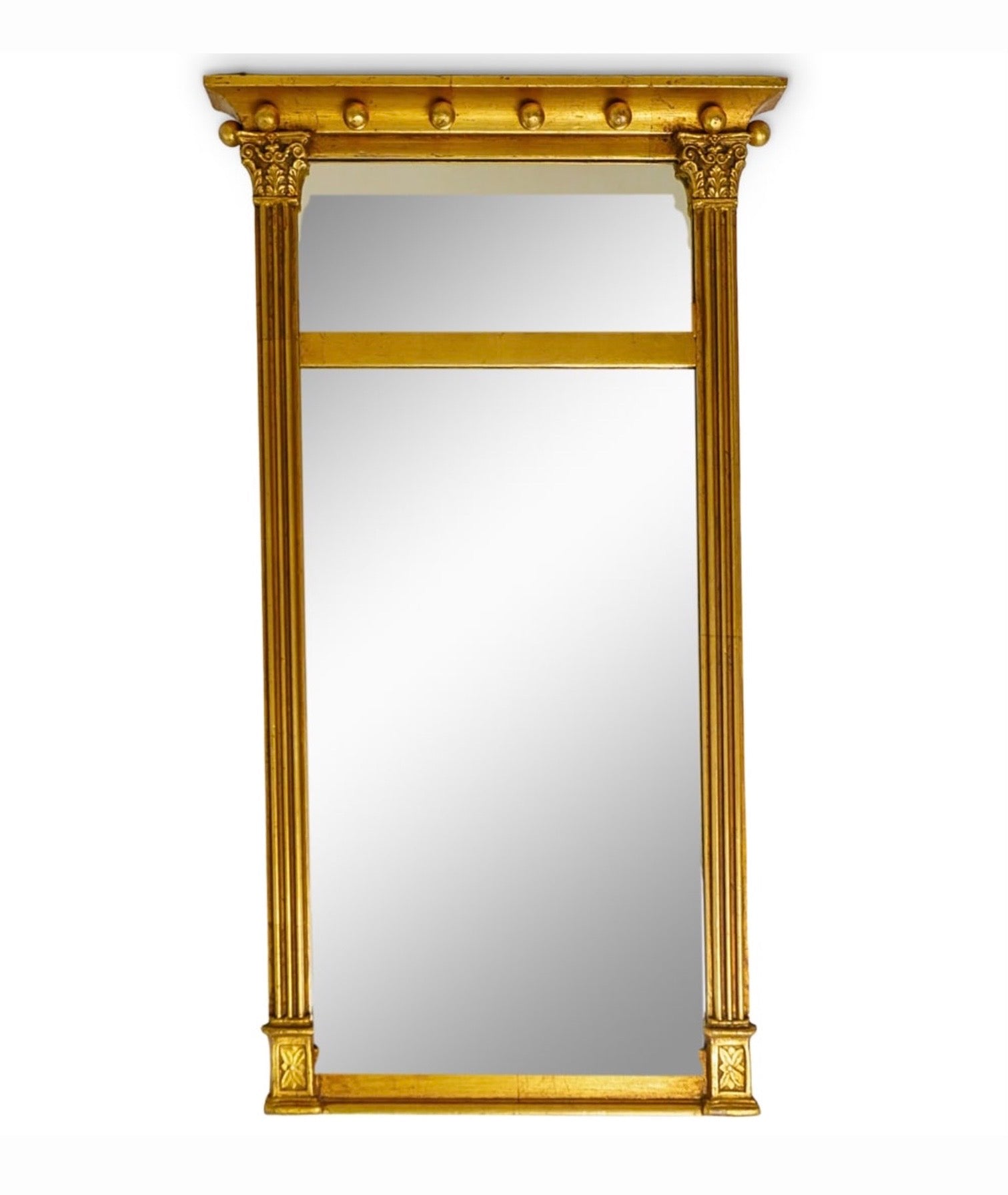 Vintage Continental Federal Style Gilt Neoclassical Wall Mirror With Fluted Columns