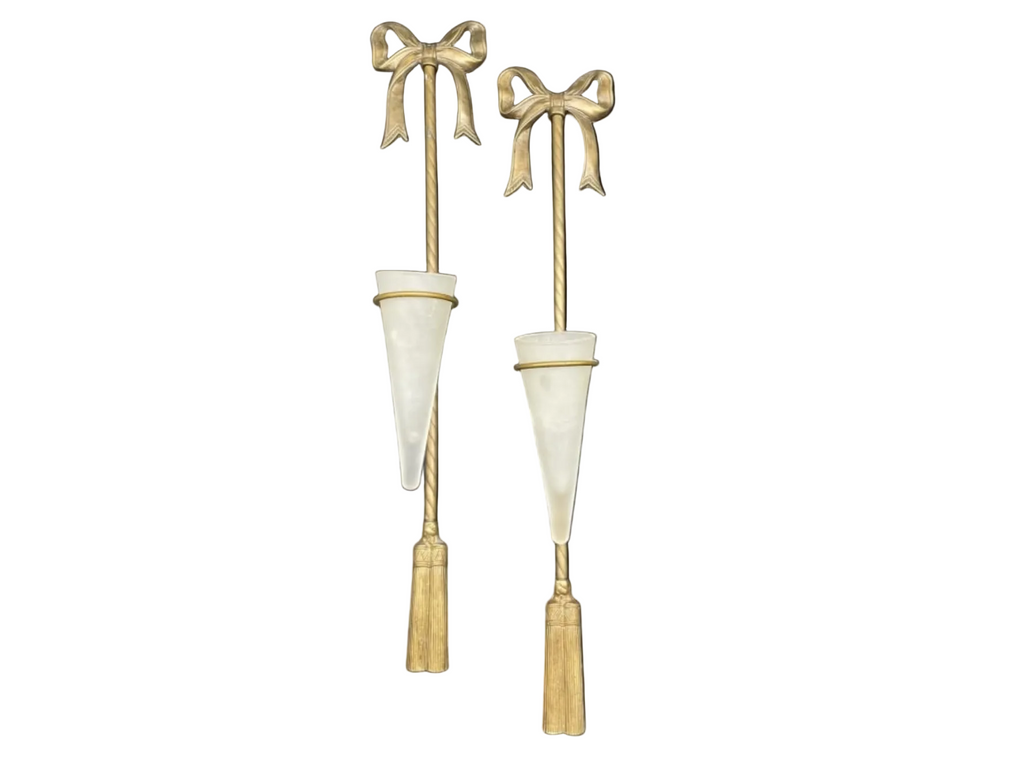 Late 20th Century Pair of Decorative Brass Wall Sconces With Bow Motif and Frosted Glass Vases