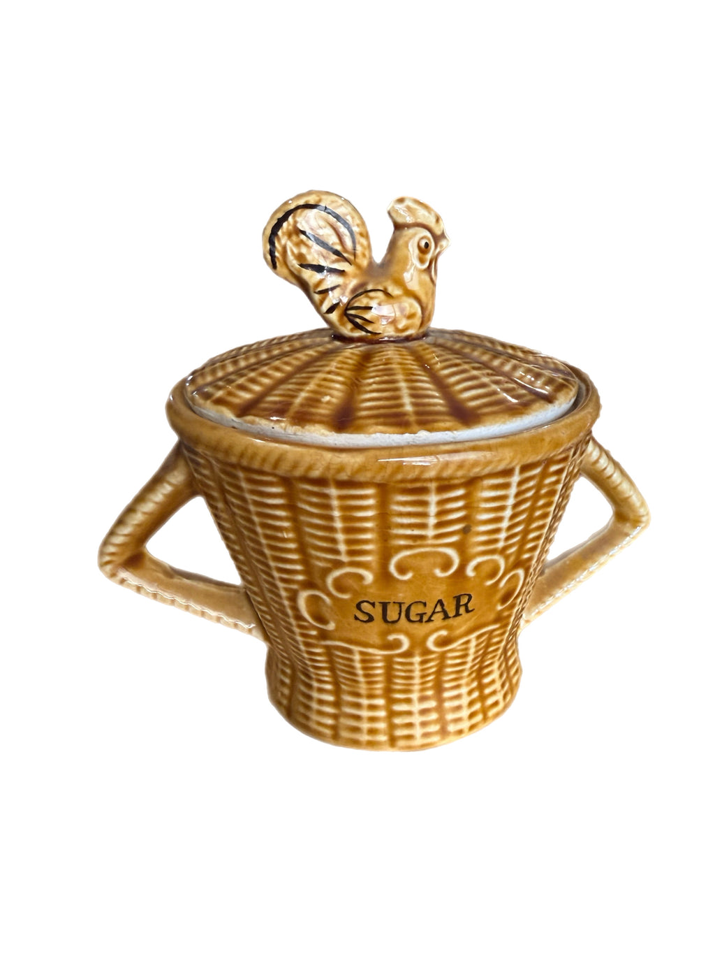 Vintage Majolica Rooster Basketweave Breakfast Set, 4 Pieces