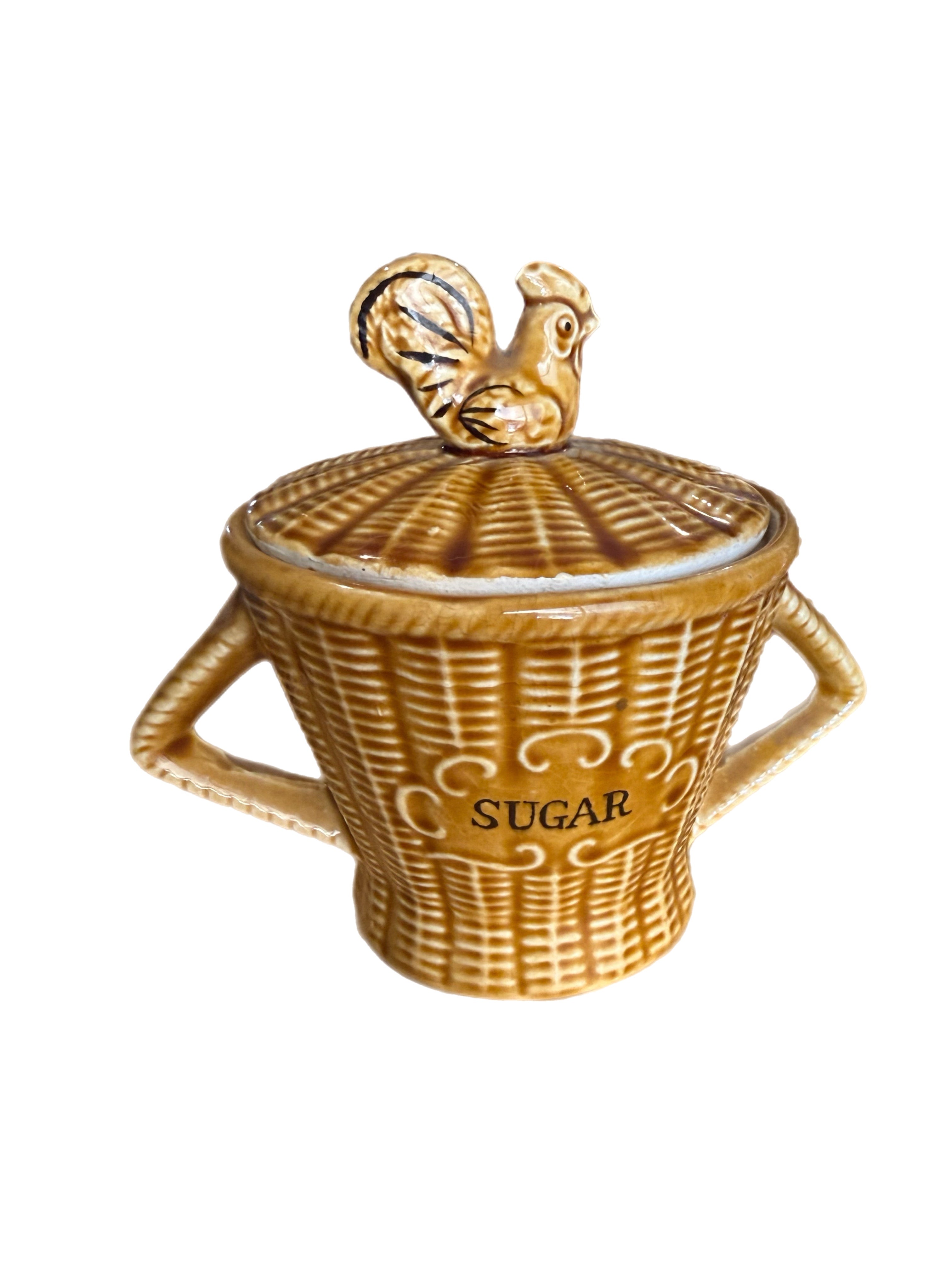 Vintage Majolica Rooster Basketweave Breakfast Set, 4 Pieces