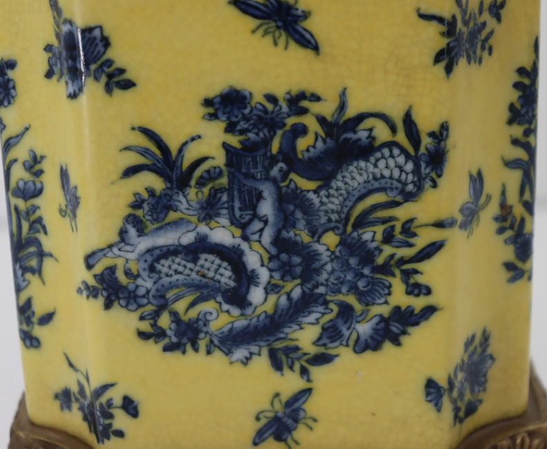 Vintage Wong Lee 1895 Chinoiserie Rococco Yellow & Blue Porcelain Ormolu Bronze Decorative Container