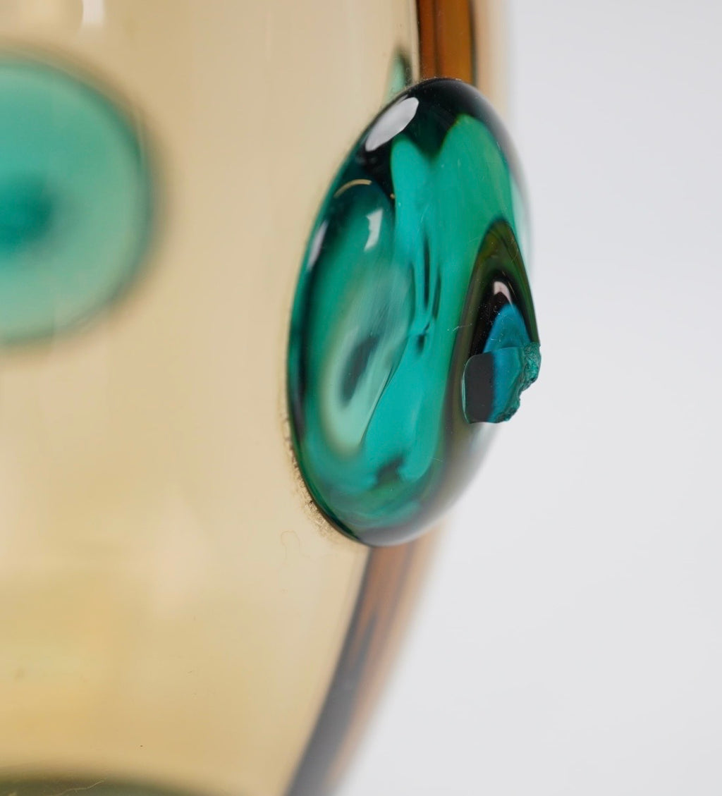 Early 20th Century Amber and Teal Blown Glass Pitcher With 2 Matching Tumblers
