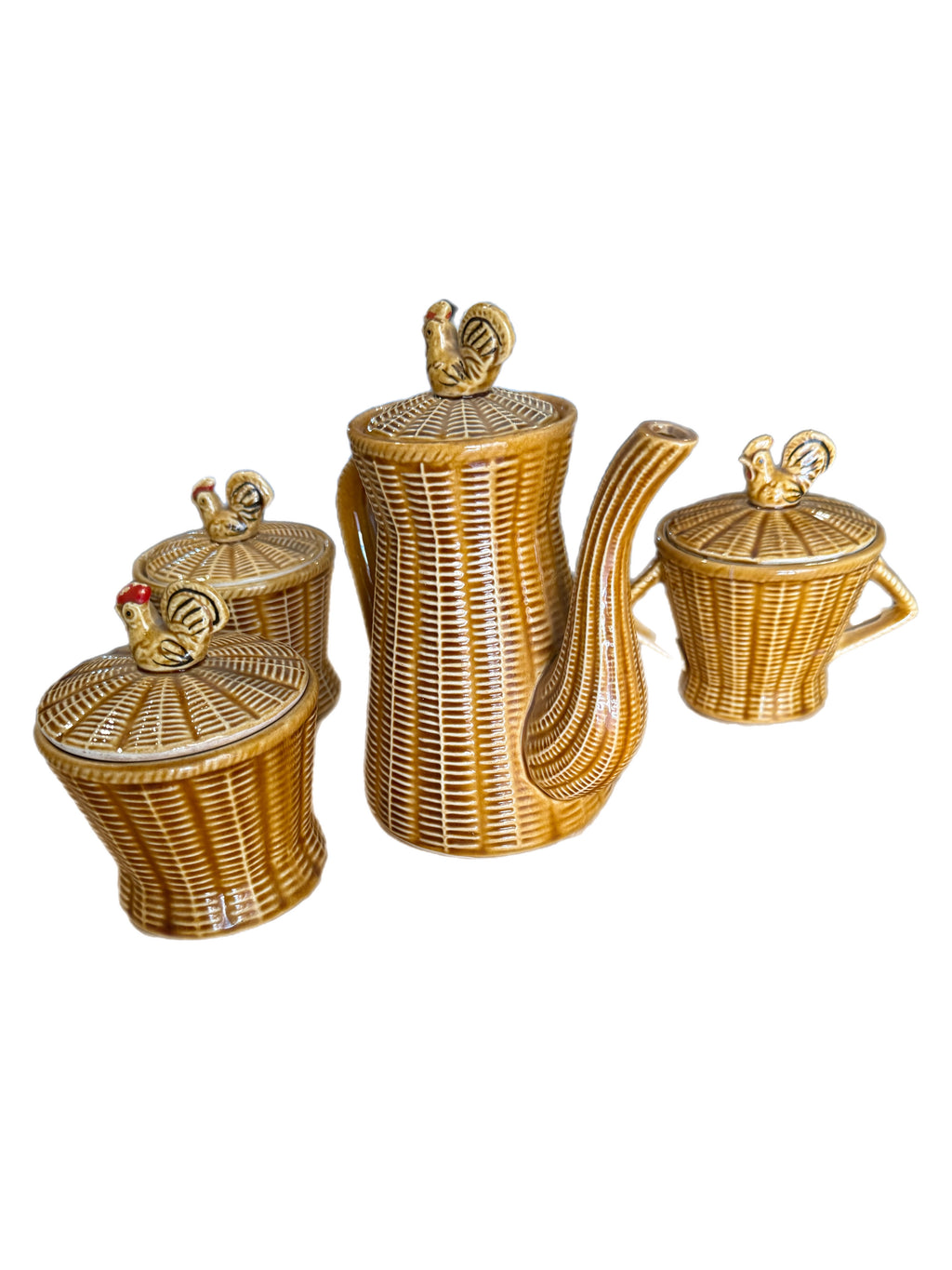 Vintage Majolica Rooster Basketweave Breakfast Set, 4 Pieces