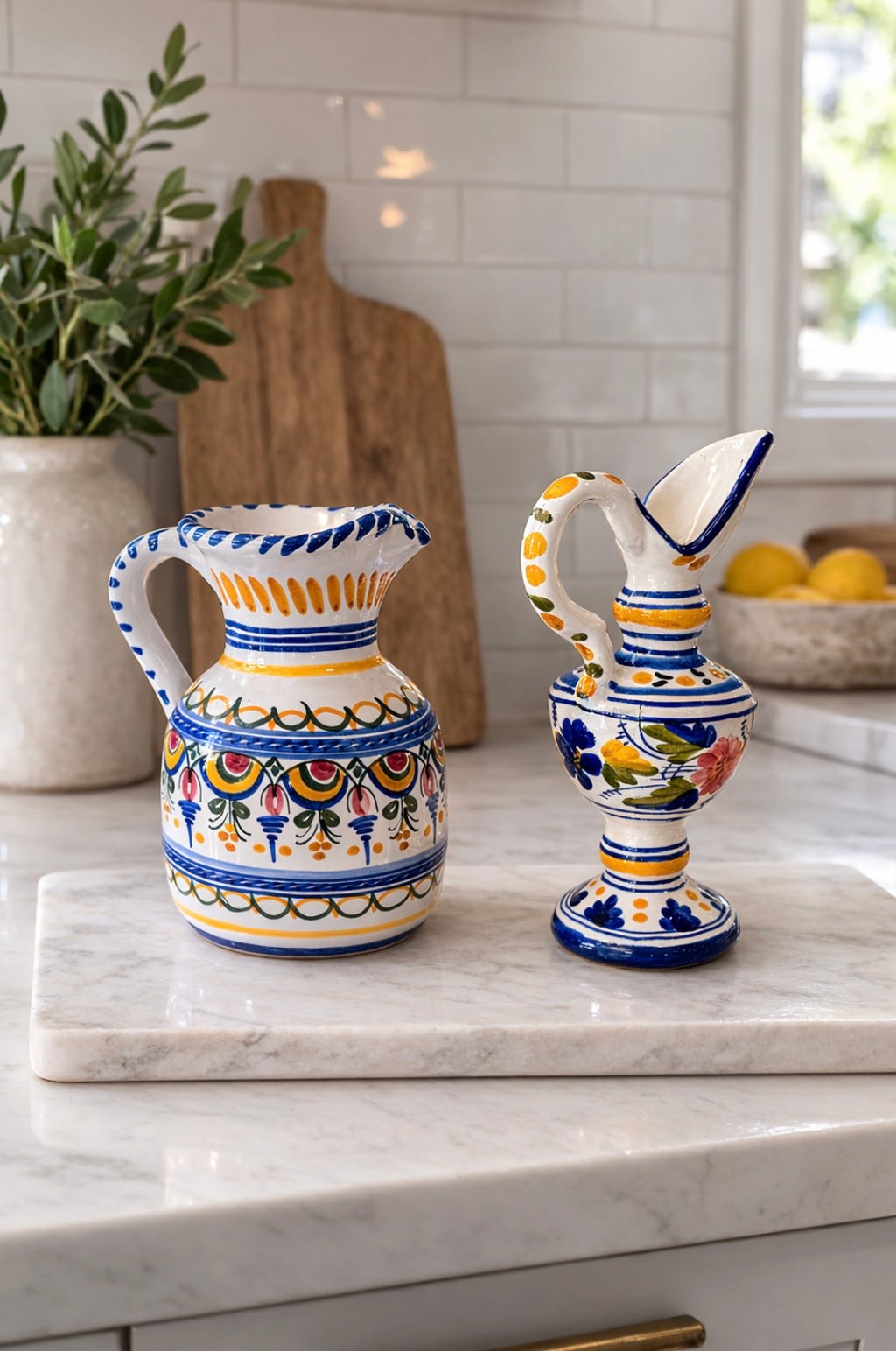 Late 20th Century Spanish Ceramic Ewers Hand-Painted Signed De La Cal Puente - a Pair