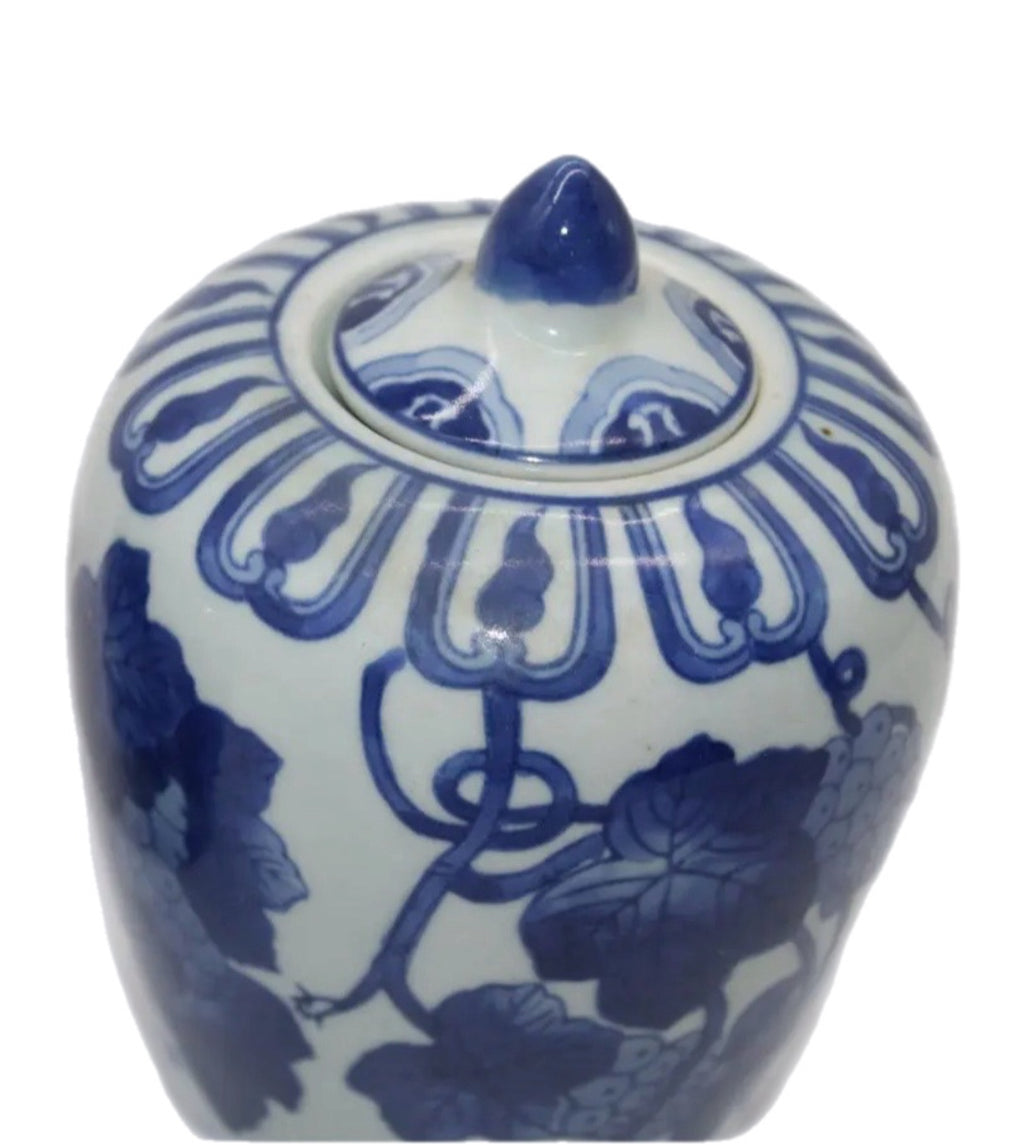 Pair of Vintage Chinese Qing Dynasty Blue and White Grape Leaf Motif Jars