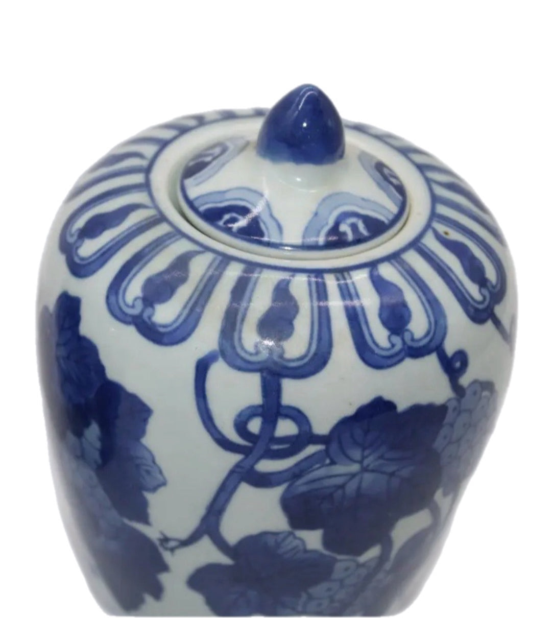 Pair of Vintage Chinese Qing Dynasty Blue and White Grape Leaf Motif Jars